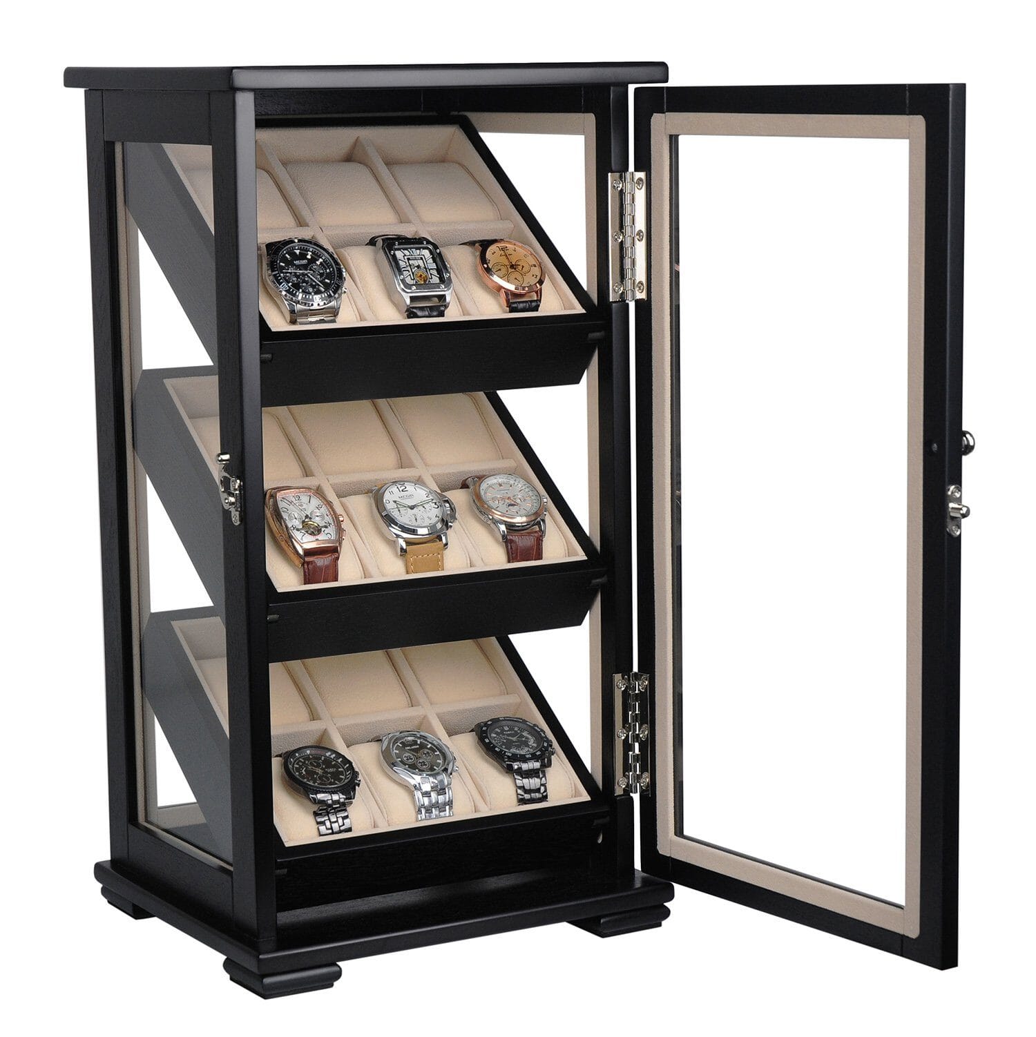 Black Wooden Watch Cabinet for 18 watches Watch Boxes Clinks