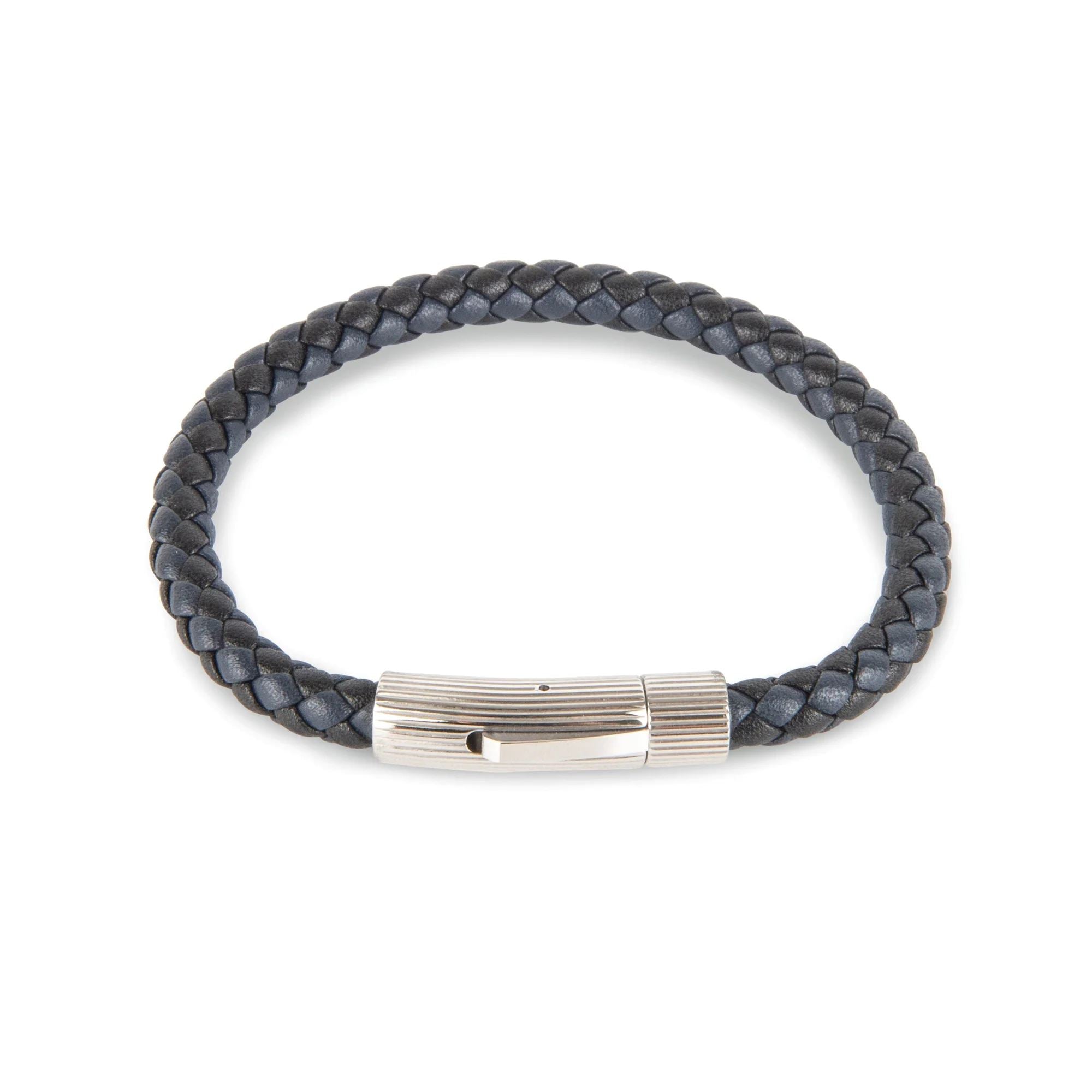 Navy/Black Leather Bracelet with SS Textured Barrel Clasp Bracelet Clinks Australia 