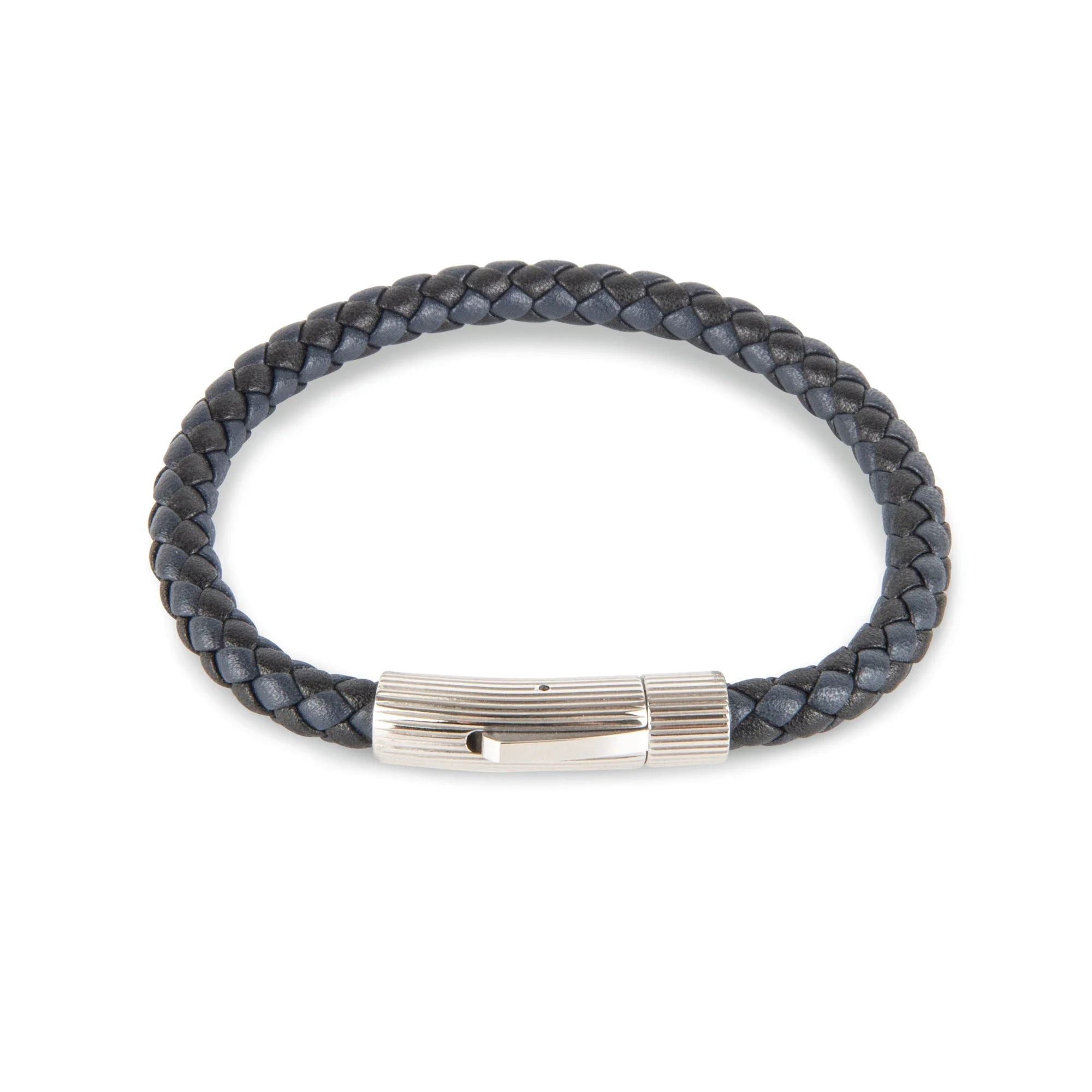 Navy/Black Leather Bracelet with SS Textured Barrel Clasp Bracelet Clinks Australia