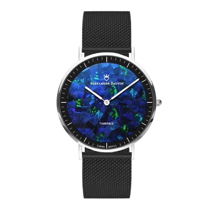 Roland Cliff Blue Swiss Opal Watch 40MM with Black Mesh Strap Watches Clinks