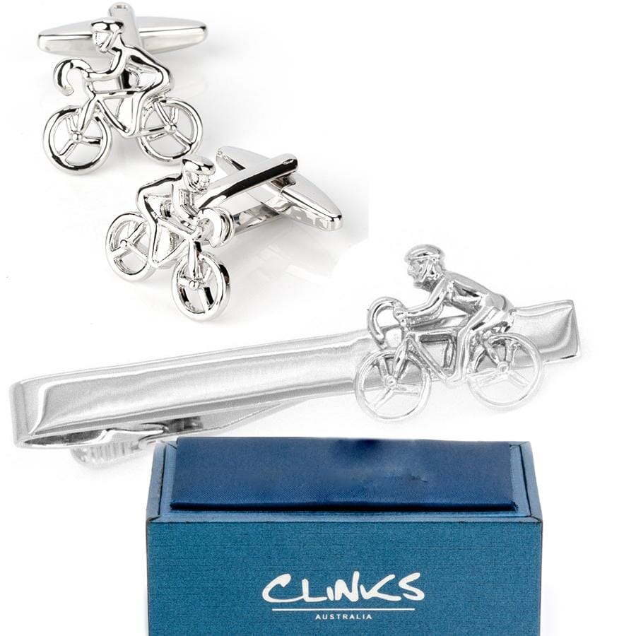 Bicycle Cyclist Silver Cufflinks & Tie Clip Set Gift Set Clinks Australia