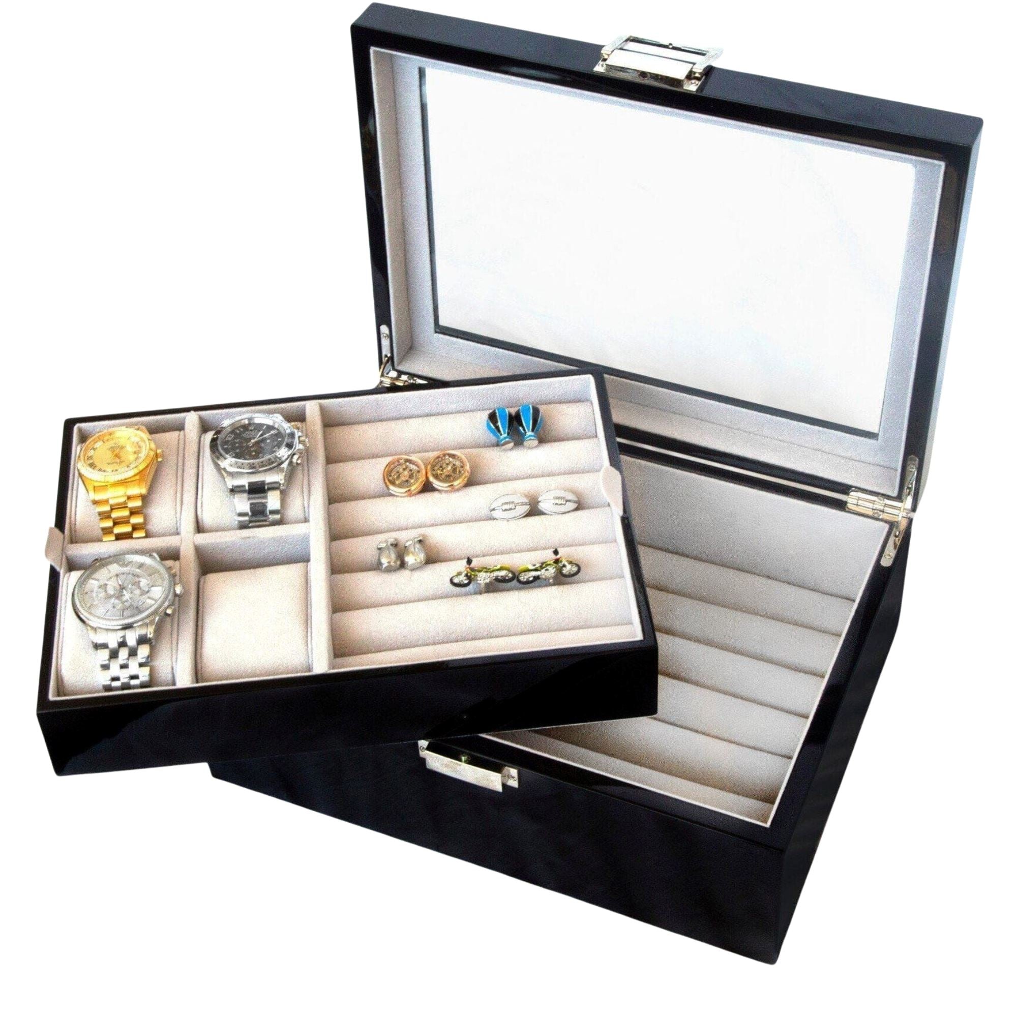 50 Pair Cufflink and Watch Box Double Decker Black Cufflink Boxes Clinks