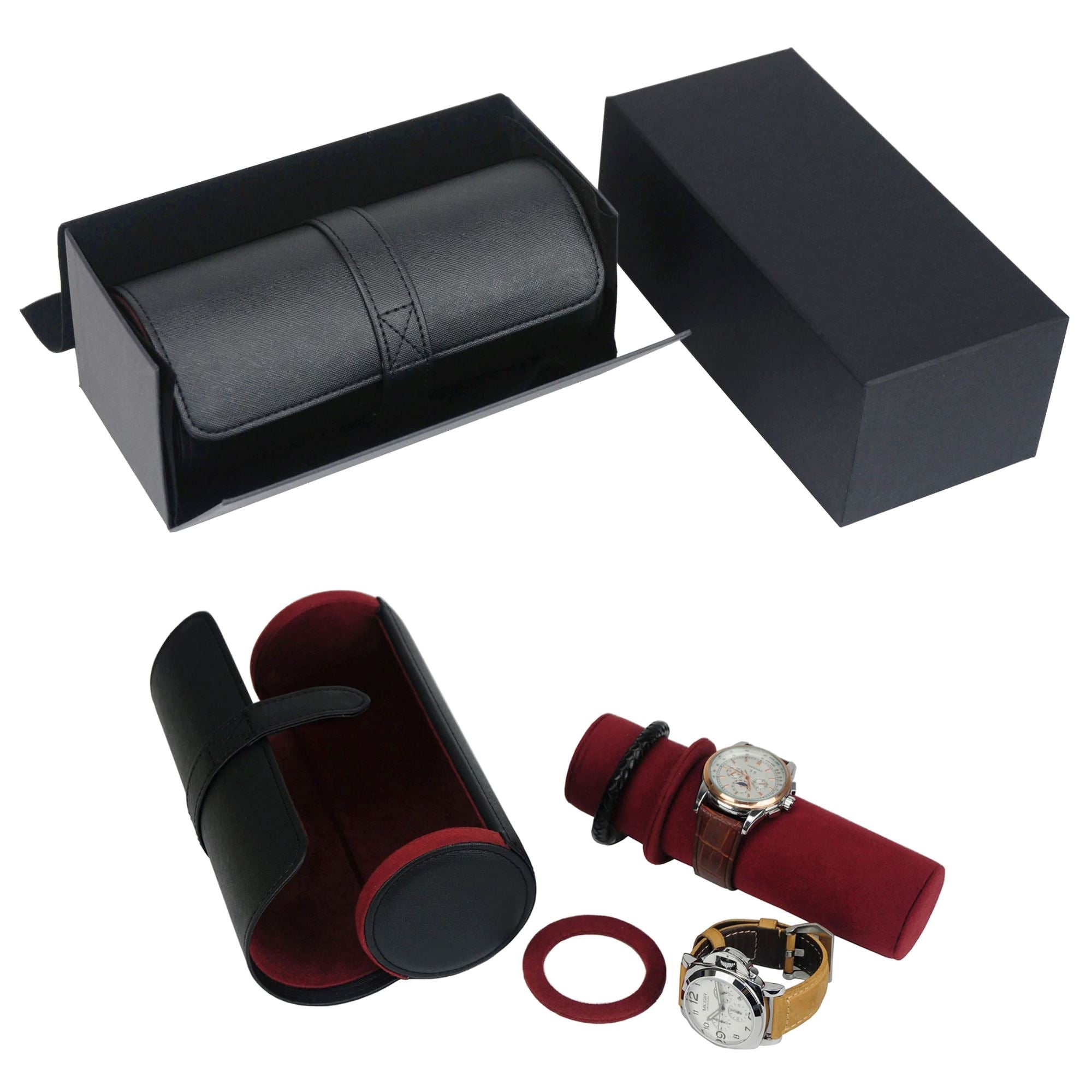 Watch Roll Case for 3 in Black Vegan Leather Watch Boxes Clinks