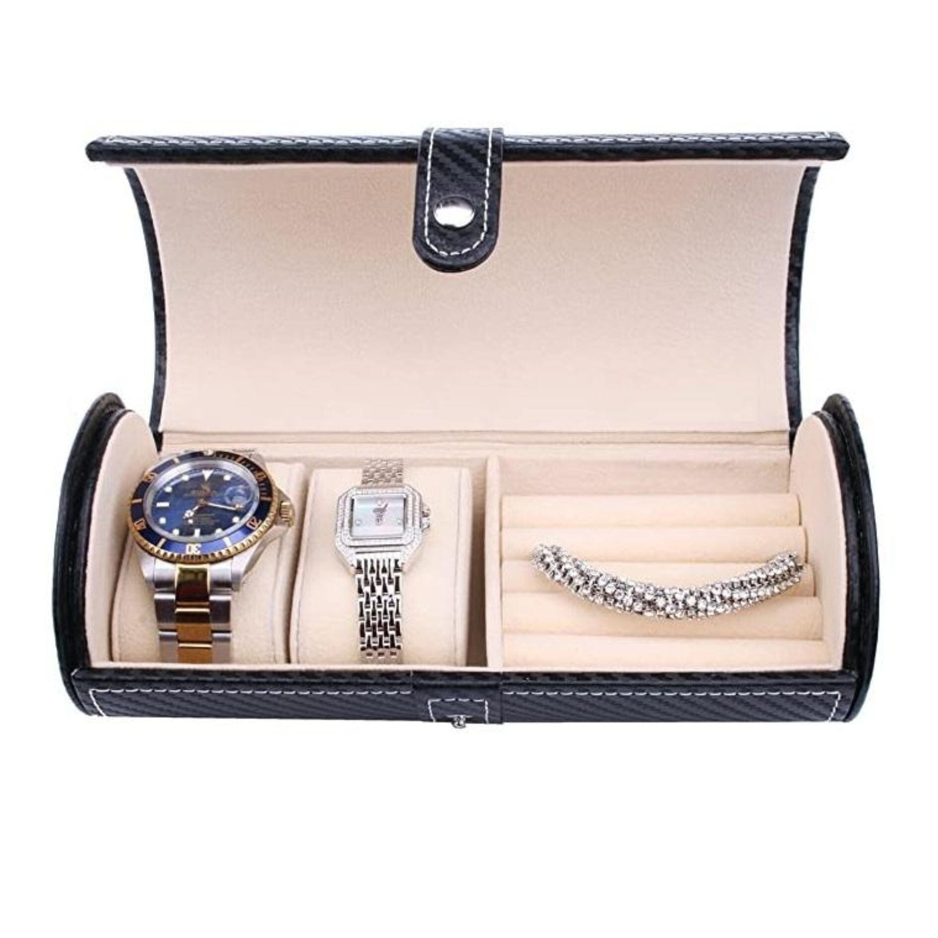 Cufflinks and Watch Roll Case in Black Carbon Fibre Vegan Leather Watch Boxes Clinks