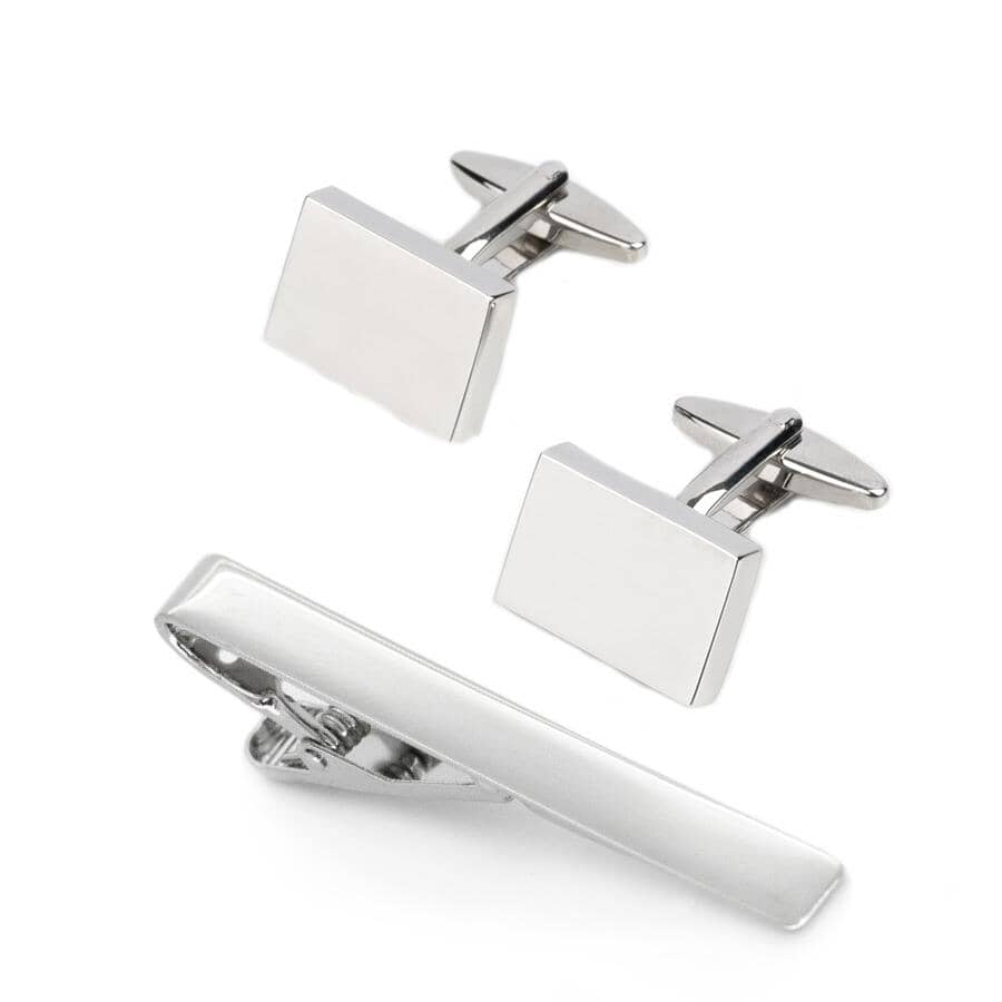 Silver Rectangle Engravable Cufflinks & Tie Clip Set Gift Set Clinks Australia Default