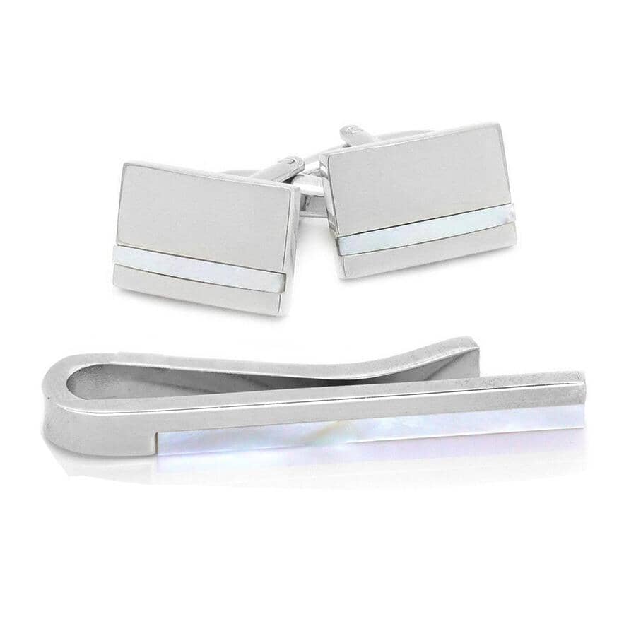 Silver Mother of Pearl Cufflinks & Tie Bar Set Gift Set Clinks Australia Default