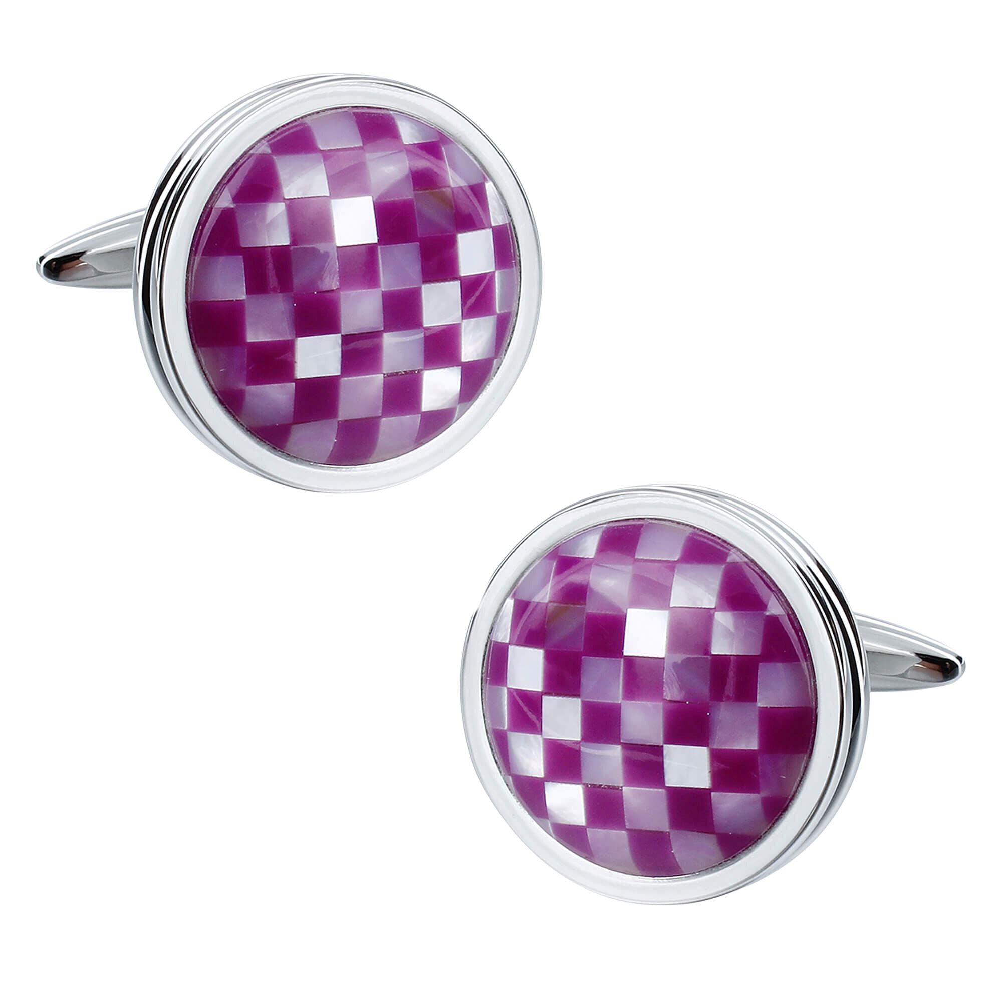 Mother of Pearl and Purple Checkerboard in Round Silver Cufflinks Classic & Modern Cufflinks Clinks Australia