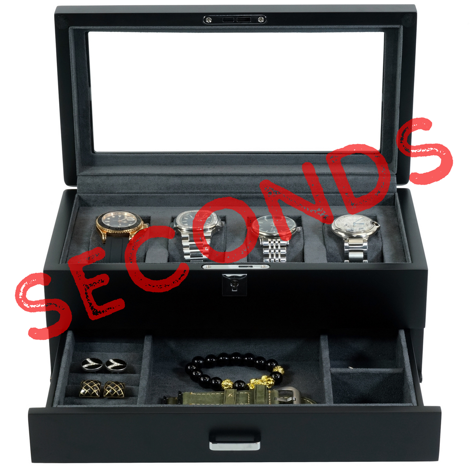 Seconds - 4 Slots Wooden Watch Box with Charcoal Interior and Drawer