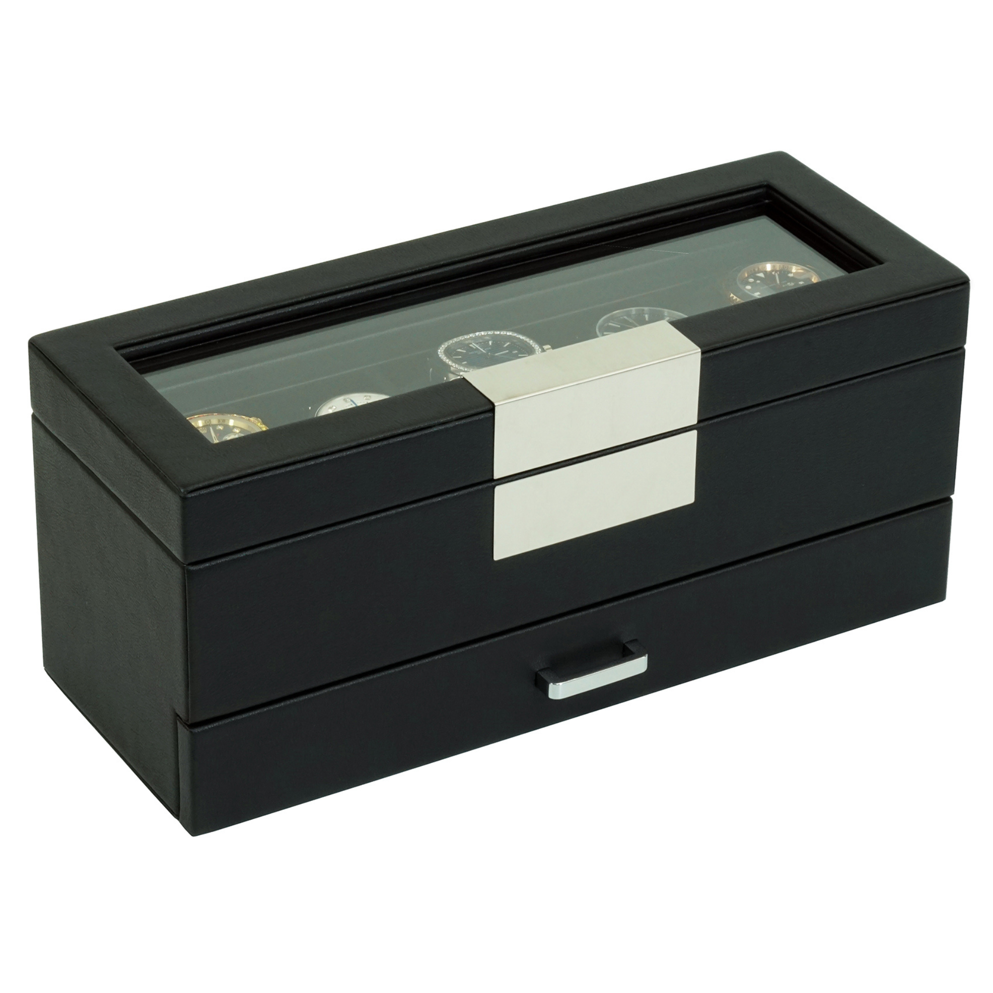 Seconds - 5 Slot Leather Watch Box in Black with Drawers