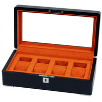 4 Slot Black Wooden Watch Box with Orange Interior