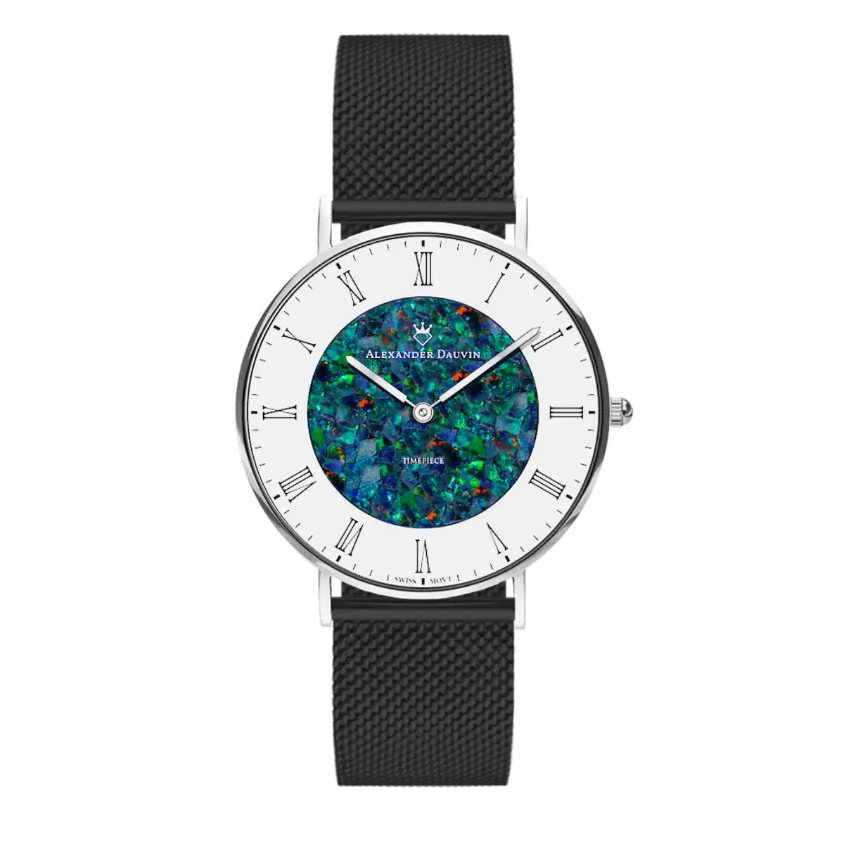 Romano Cliff Red Swiss Opal Watch 36MM with Black Mesh Strap