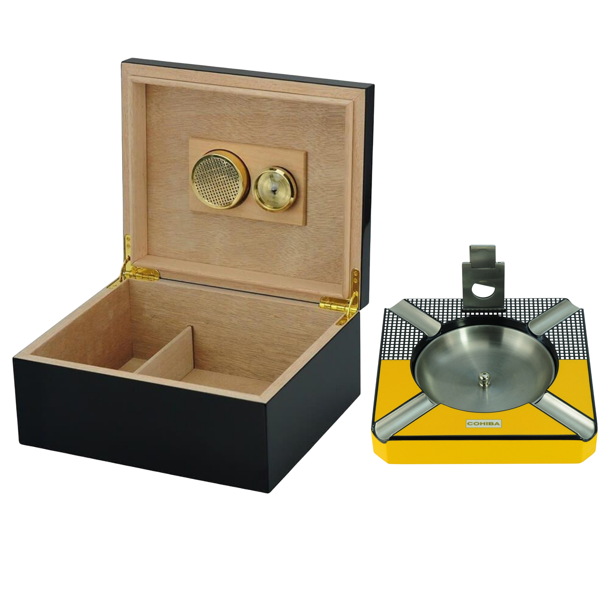 25 Cigar Black & Yellow Humidor Box for Cigars and Ashtray Bundle Set