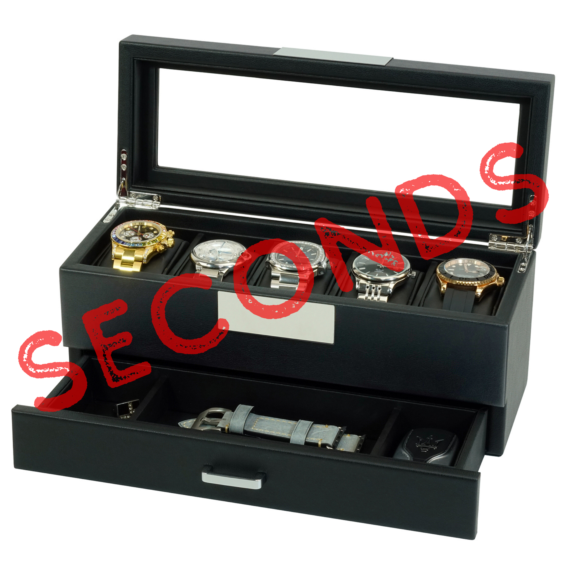 Seconds - 5 Slot Leather Watch Box in Black with Drawers