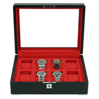 8 Slot Black Wooden Watch Box with Red Interior