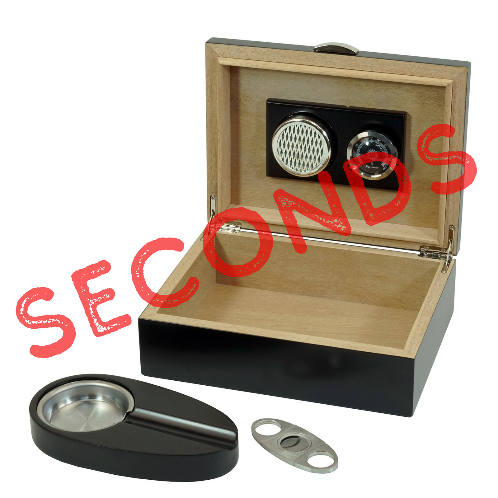 Seconds - 20 CT Black Wooden Cigar Humidor and Ashtray Set (A)