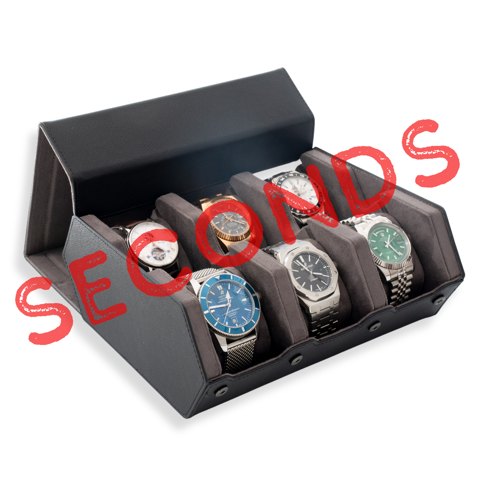 Seconds - Hex Leather Watch Roll 6 Slots in Black/Charcoal