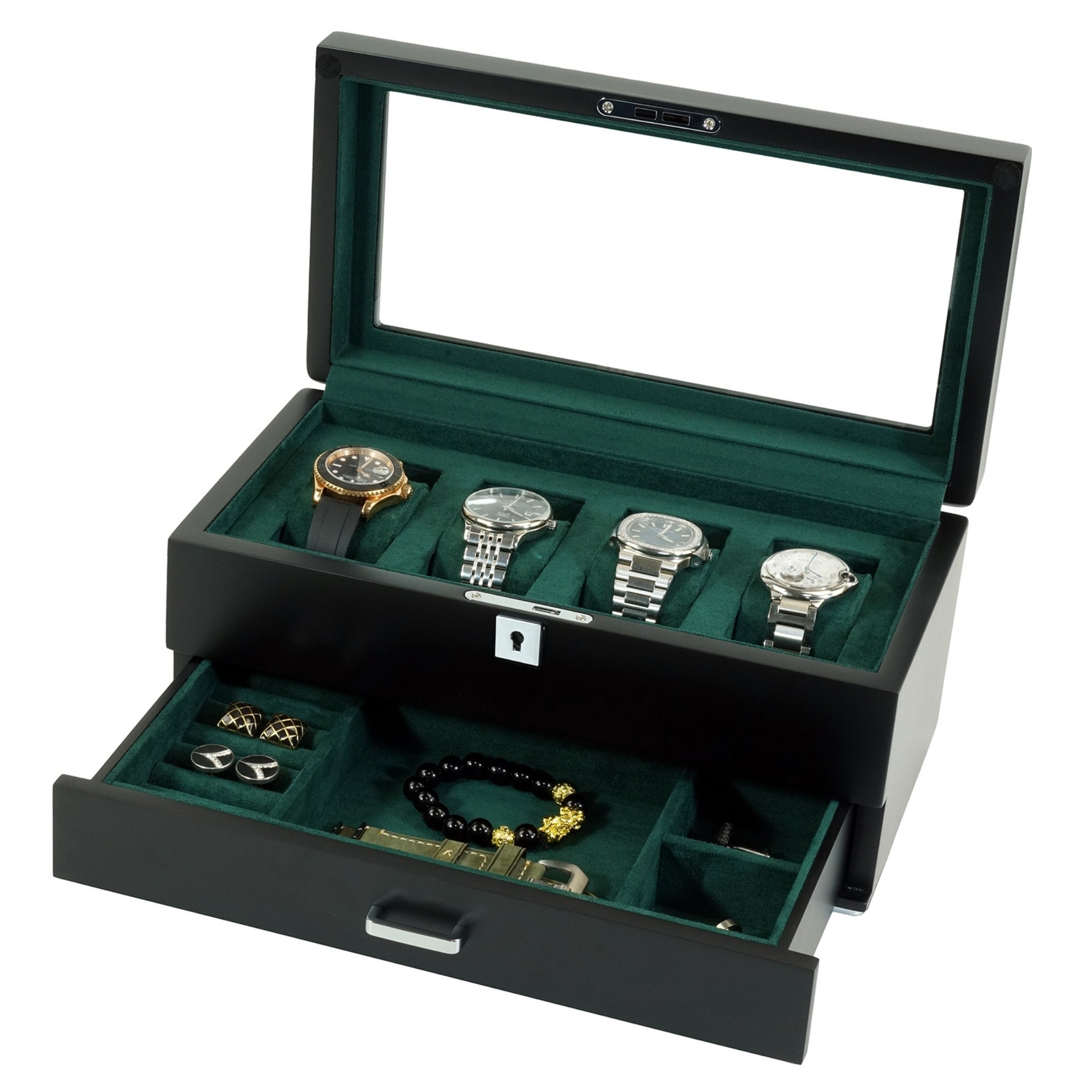 4 Slots Wooden Watch Box with Green Interior and Drawer