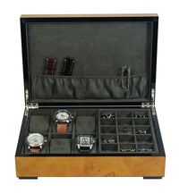 World Map Burl Wooden Watch Box for 6 Watches + Jewellery