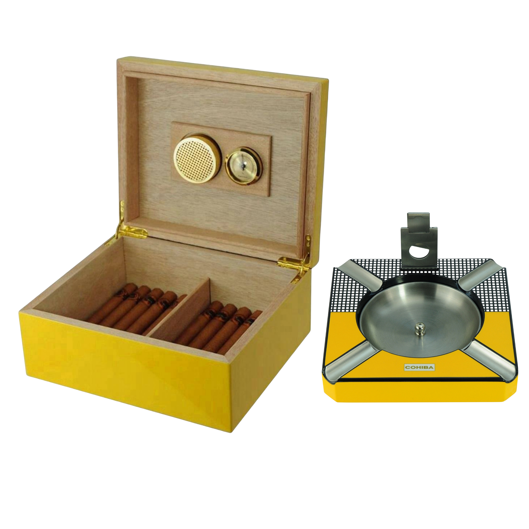 25 Cigar Yellow & Carbon Fibre Humidor Box for Cigars and Ashtray Bundle Set