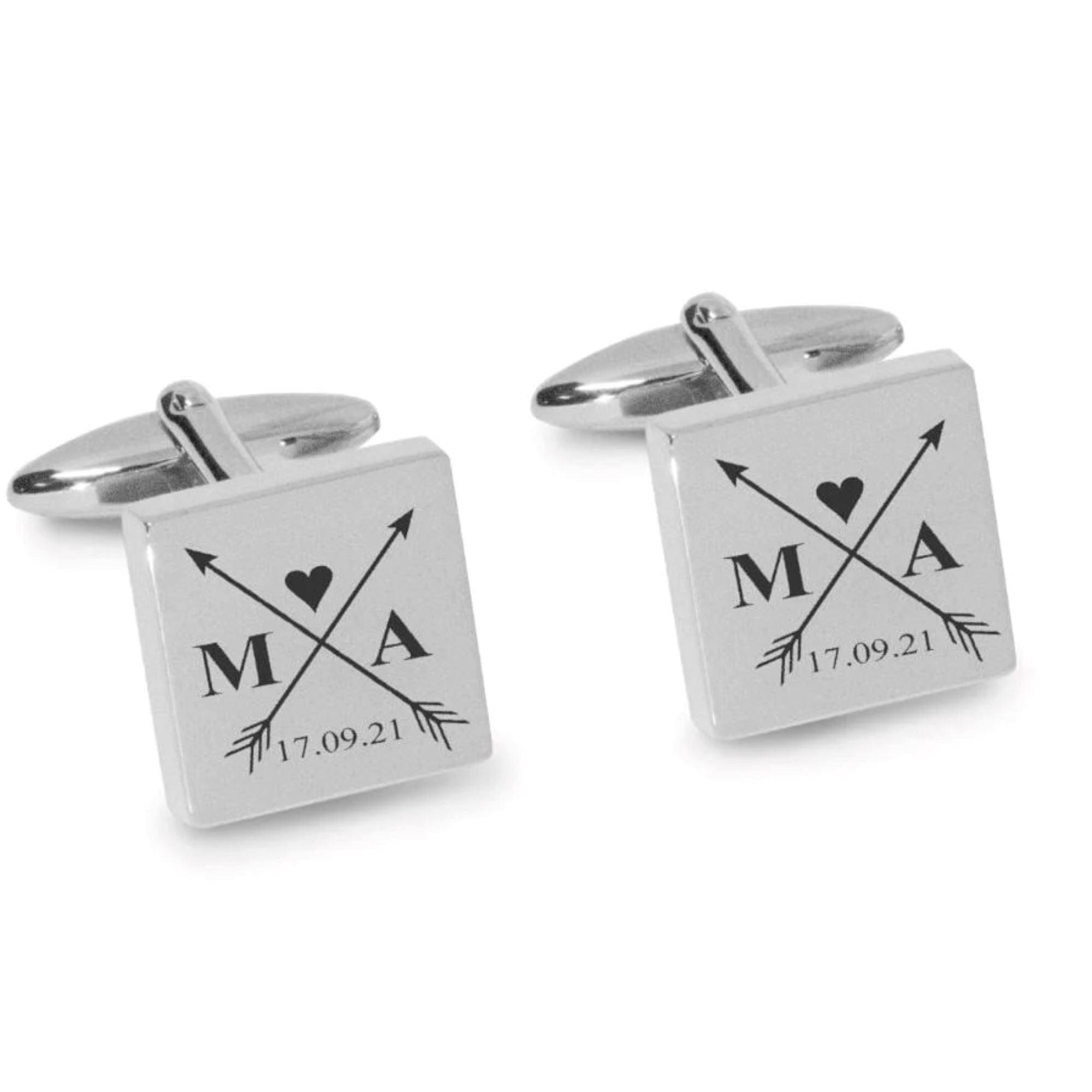 Crossed Arrows with Loveheart, Initials and Date Engraved Cufflinks Engraving Cufflinks Clinks Australia 