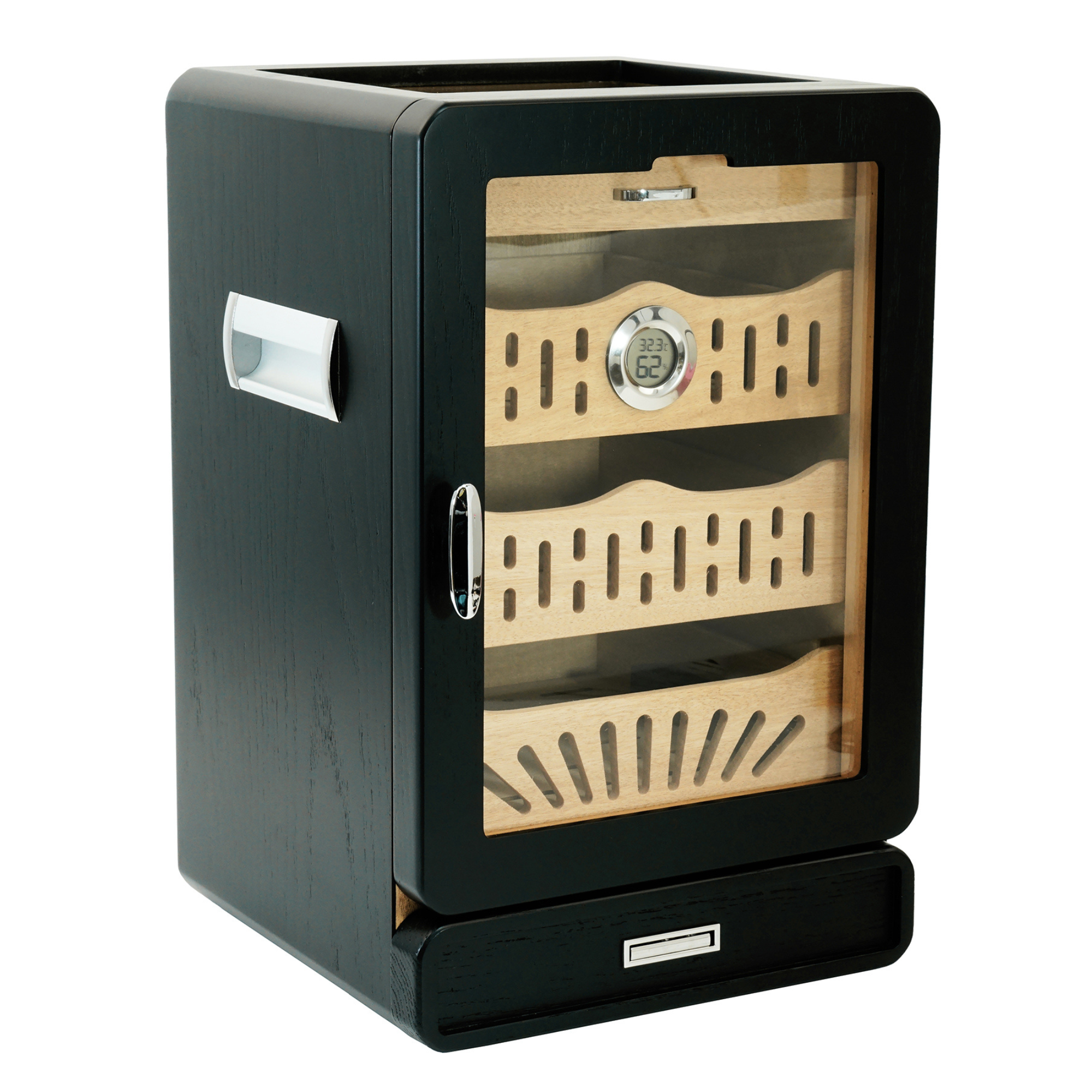 200 CT Black Wooden with Glass Top Cabinet for Cigars
