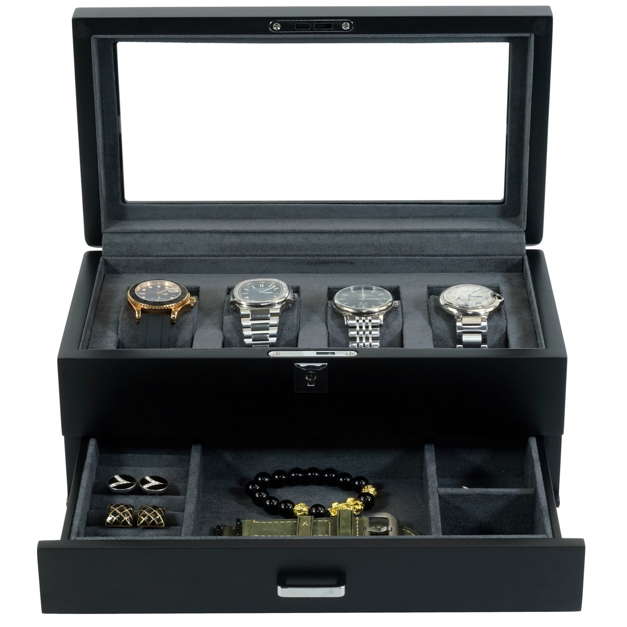 4 Slots Wooden Watch Box with Charcoal Interior and Drawer