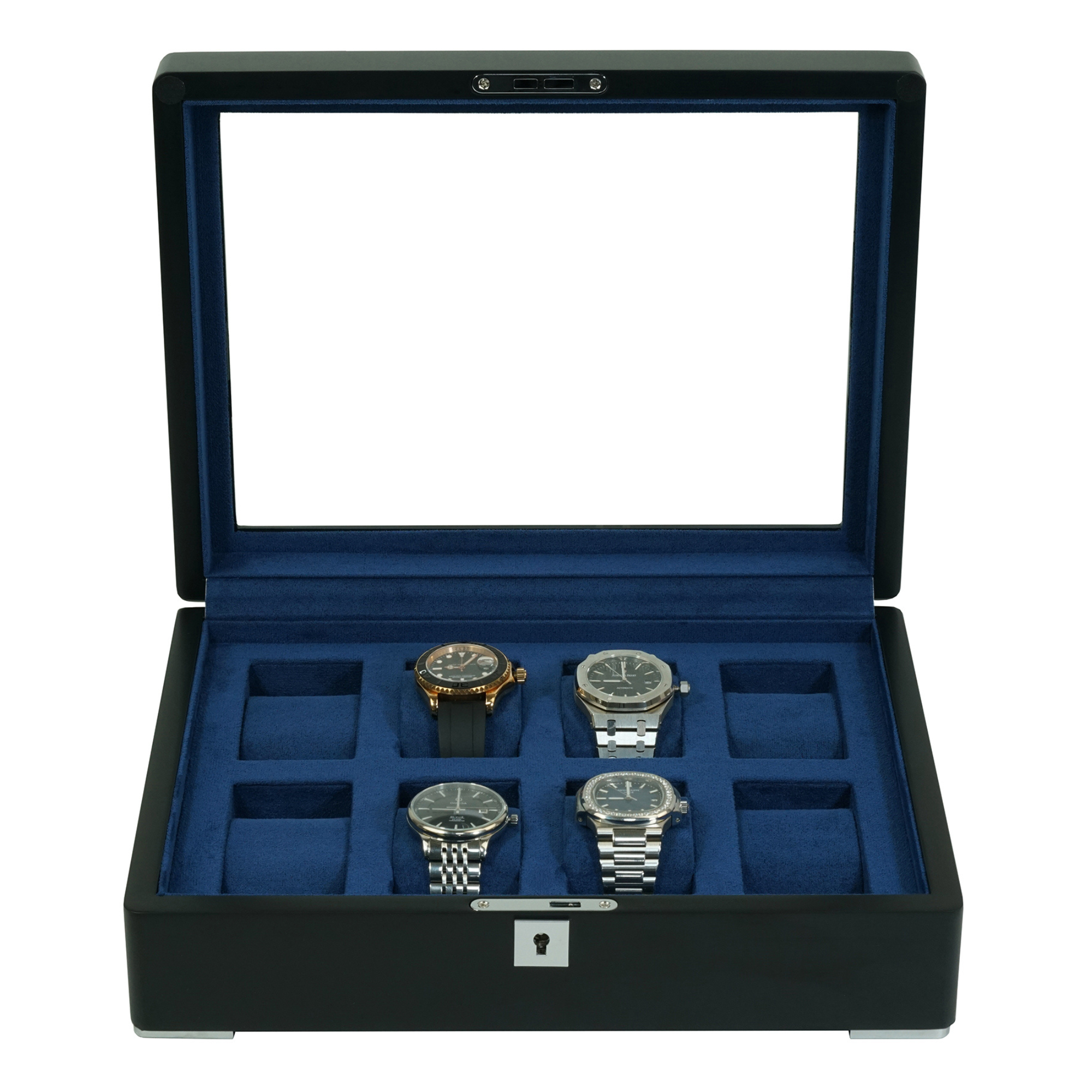 8 Slot Black Wooden Watch Box with Blue Interior