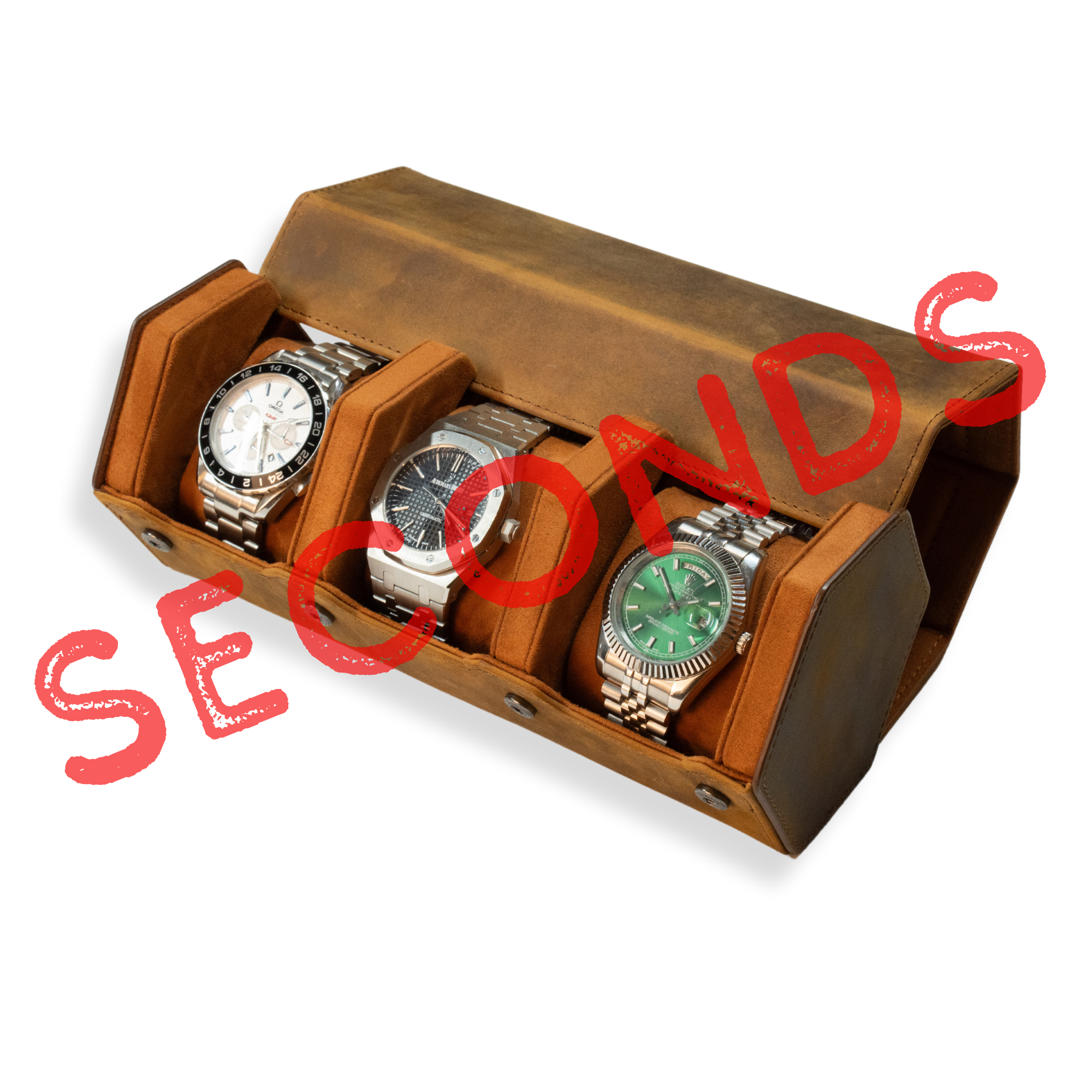 Second - Hex Leather Watch Roll 3 Slots in Saddle Leather/Brown