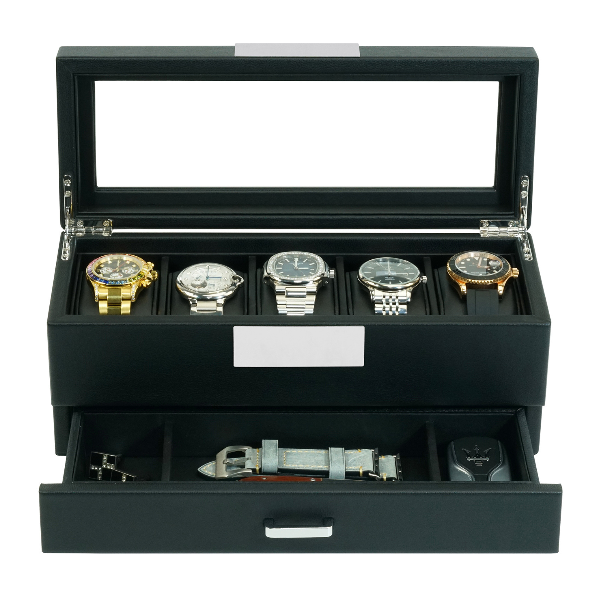 Seconds - 5 Slot Leather Watch Box in Black with Drawers