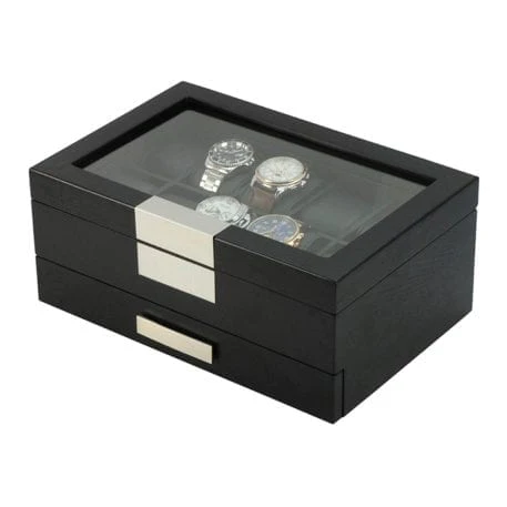Seconds - Black Wooden Watch Box for 10 Watches with a Drawer (D)
