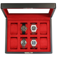 8 Slot Black Wooden Watch Box with Red Interior