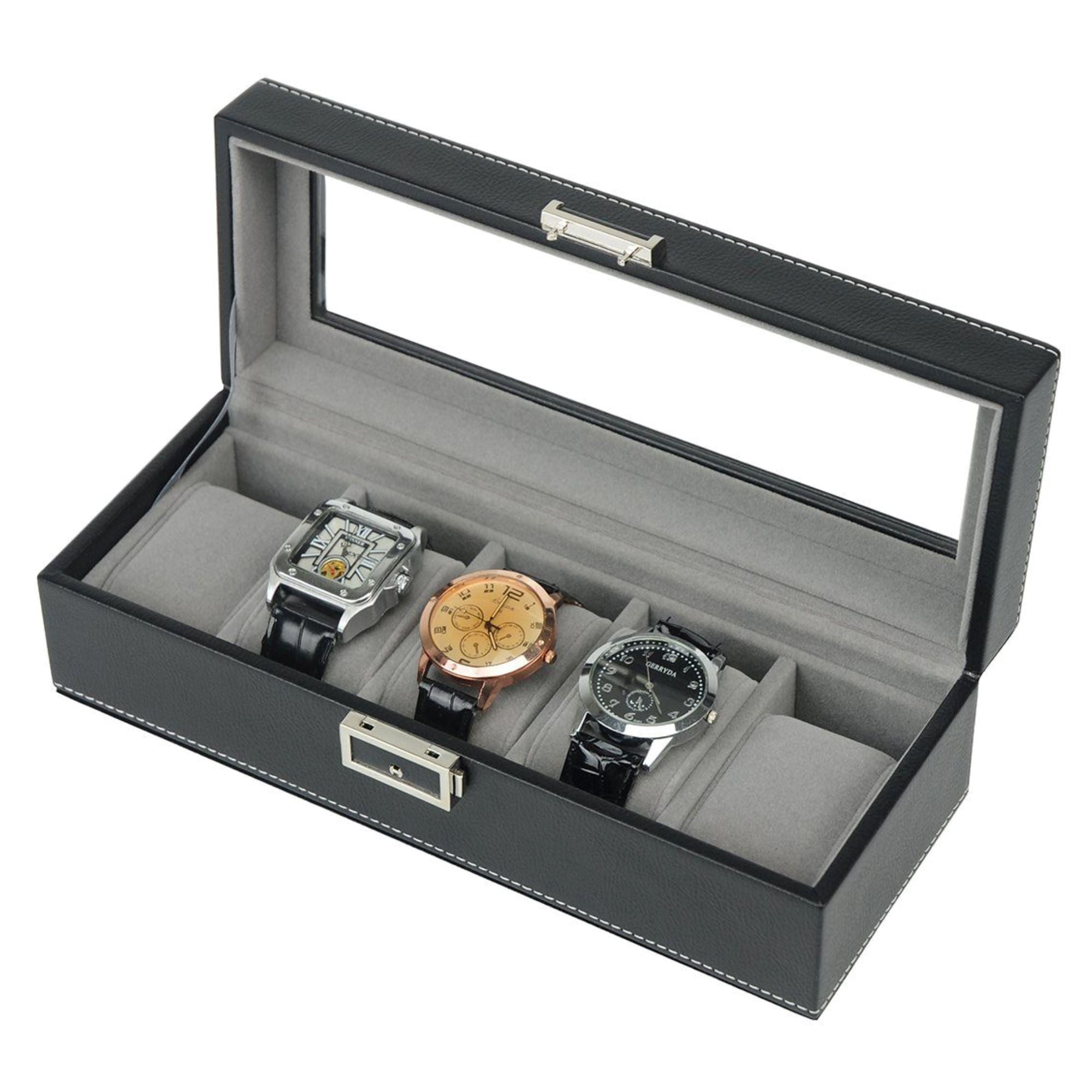 Leather Watch Box for 5 Watches in Black Watch Boxes Clinks 