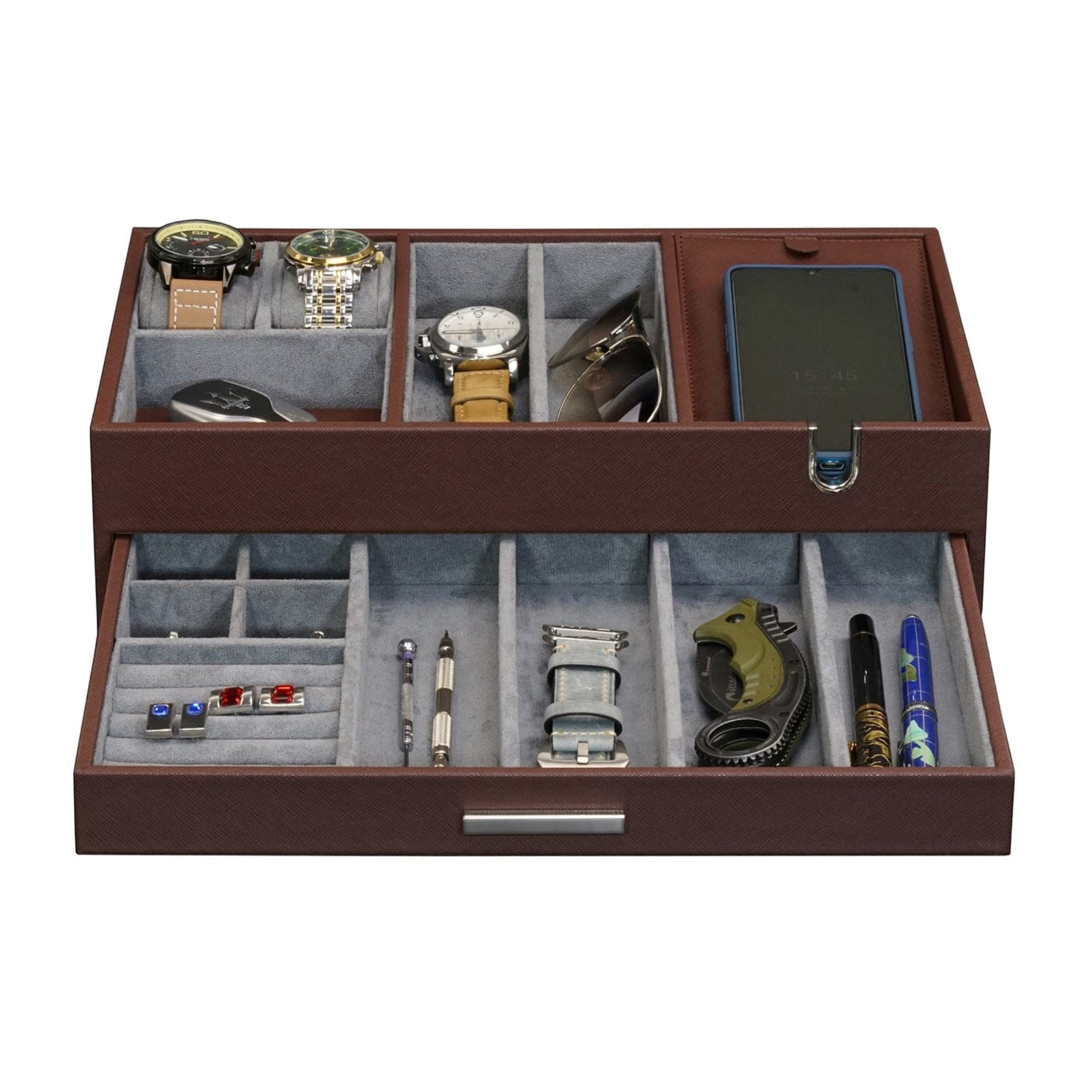 Leather Valet Tray with Drawer in Brown Watch Boxes Clinks 