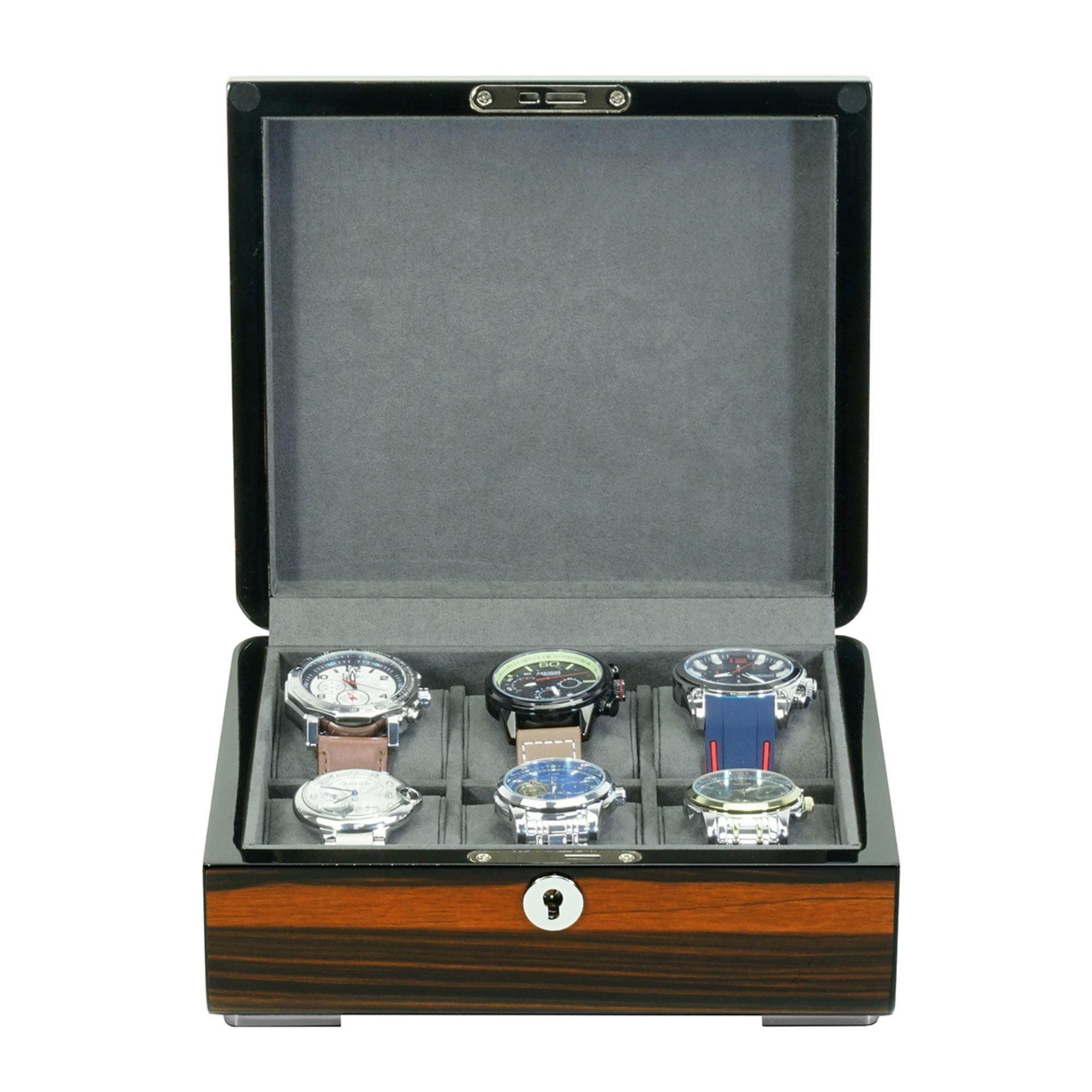6 Slots Watch Box with Lock in Wooden Ebony Watch Boxes Clinks 
