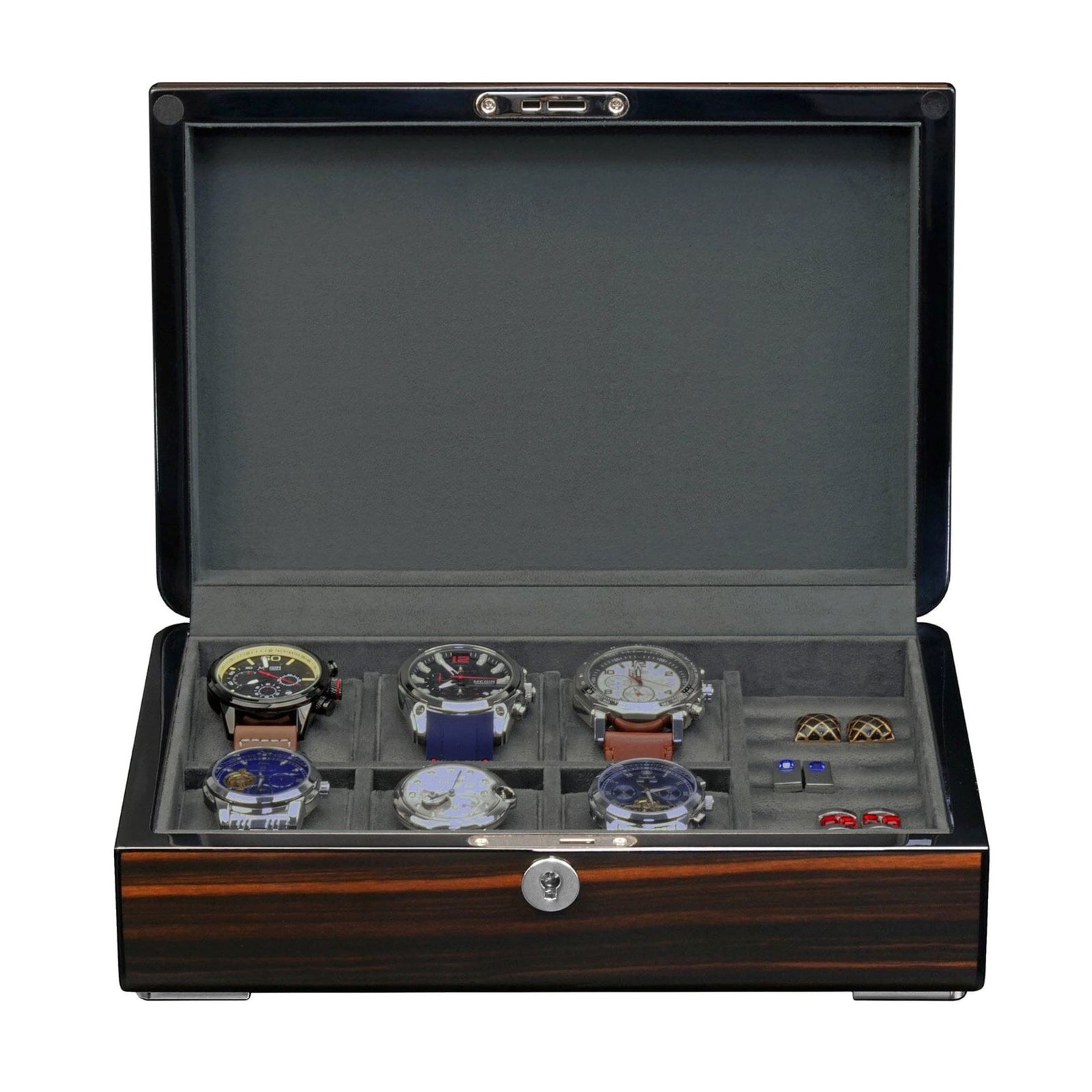6 Slots Watch Box with Cufflinks Storage and Lock in Wooden Ebony Watch Boxes Clinks 