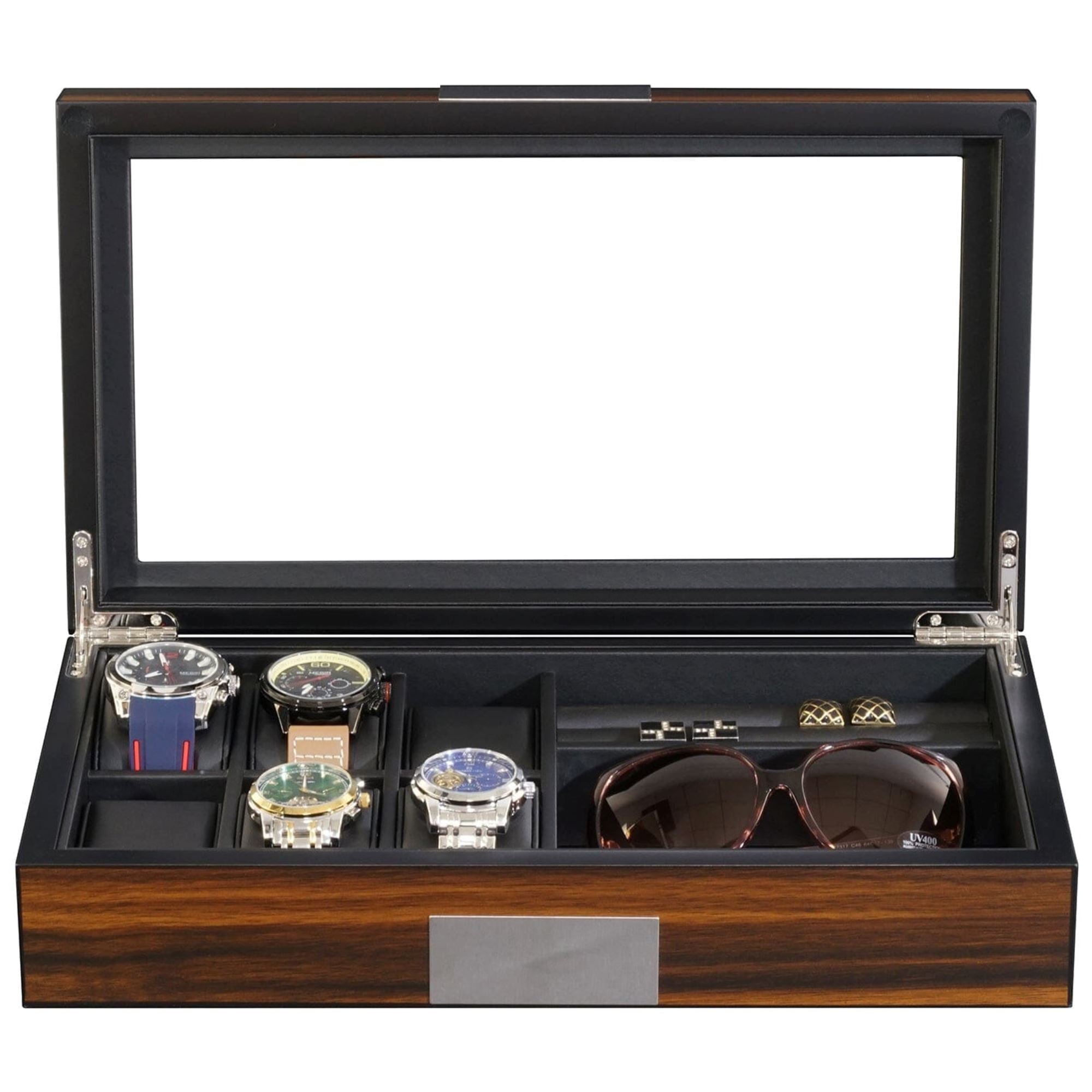 6 Slots Watch Box with Cufflinks and Sunglasses Storage in Ebony Wood Watch Boxes Clinks 