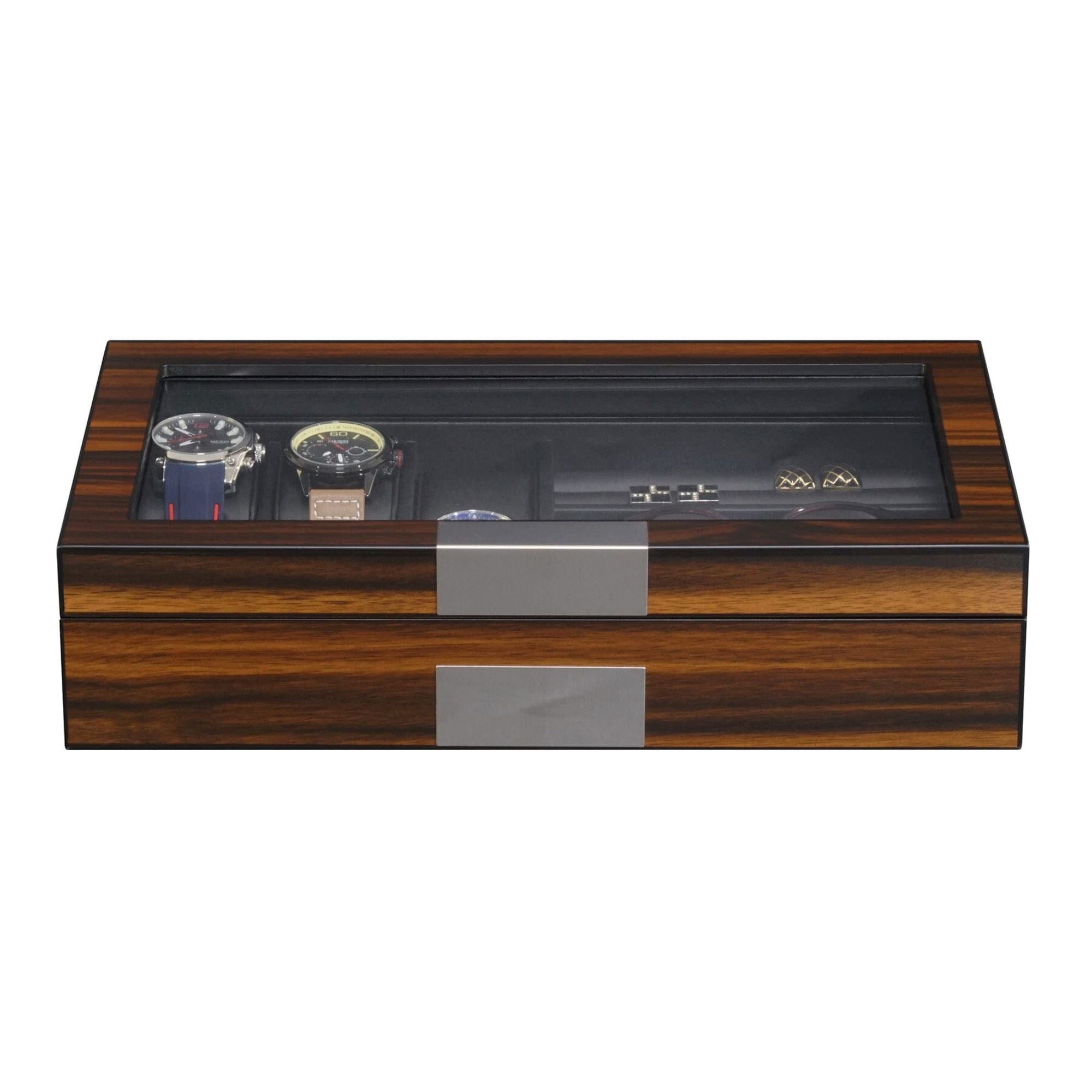 6 Slots Watch Box with Cufflinks and Sunglasses Storage in Ebony Wood Watch Boxes Clinks 