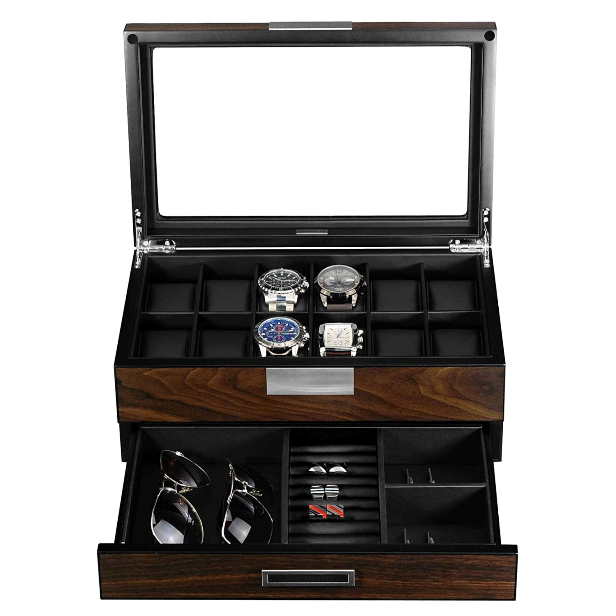 12 Slots Watch Box with Drawer in Ebony Wood Watch Boxes Clinks 