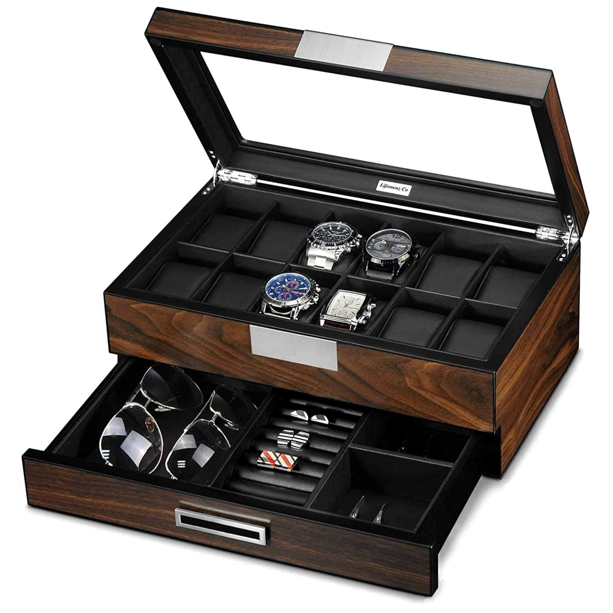 12 Slots Watch Box with Drawer in Ebony Wood Watch Boxes Clinks 