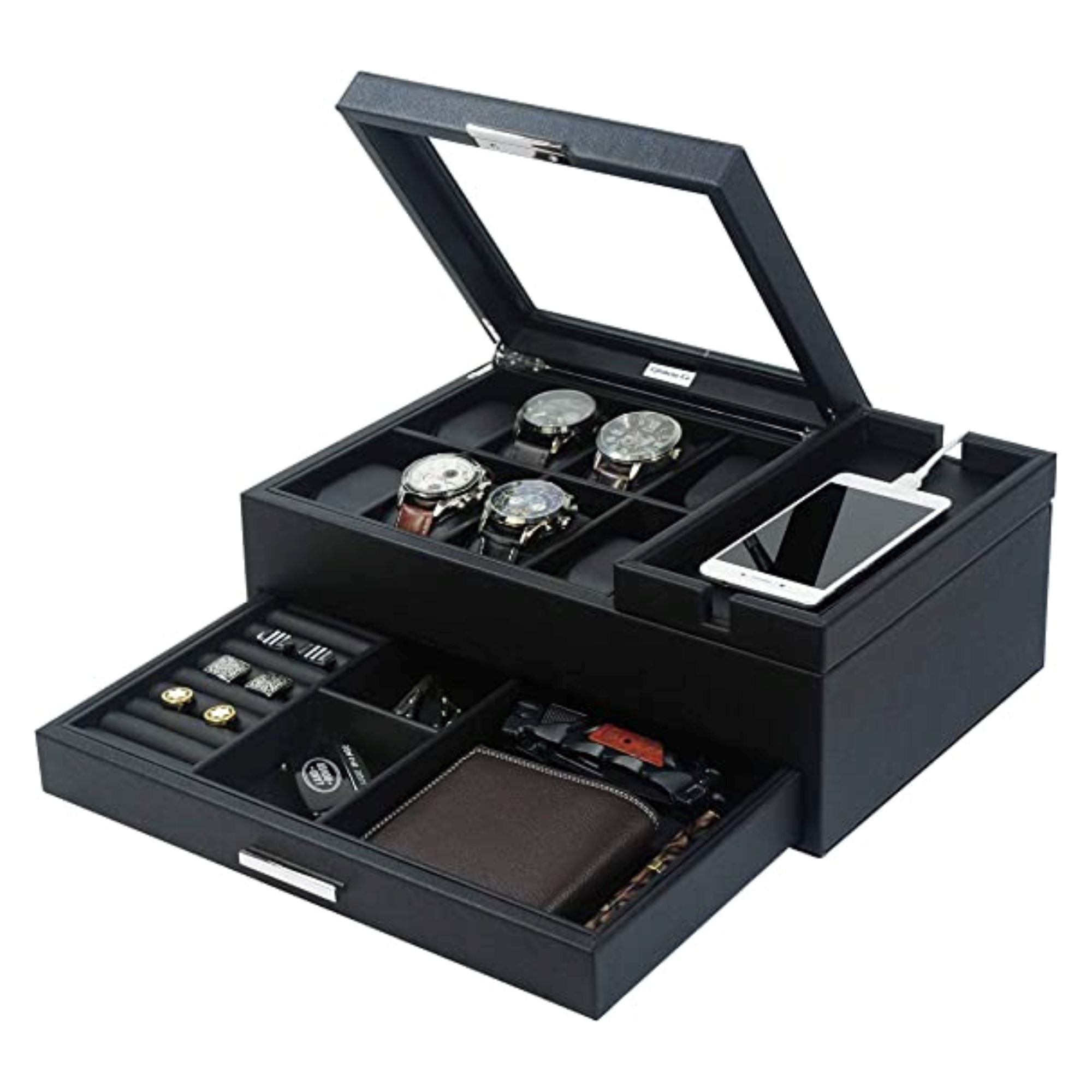 8 Slots Watch Box with Drawer in Black Watch Boxes Clinks 