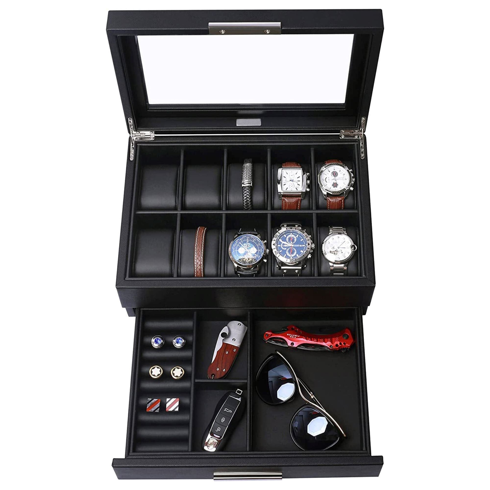 10 Slots Watch Box with Drawer in Black Watch Boxes Clinks 