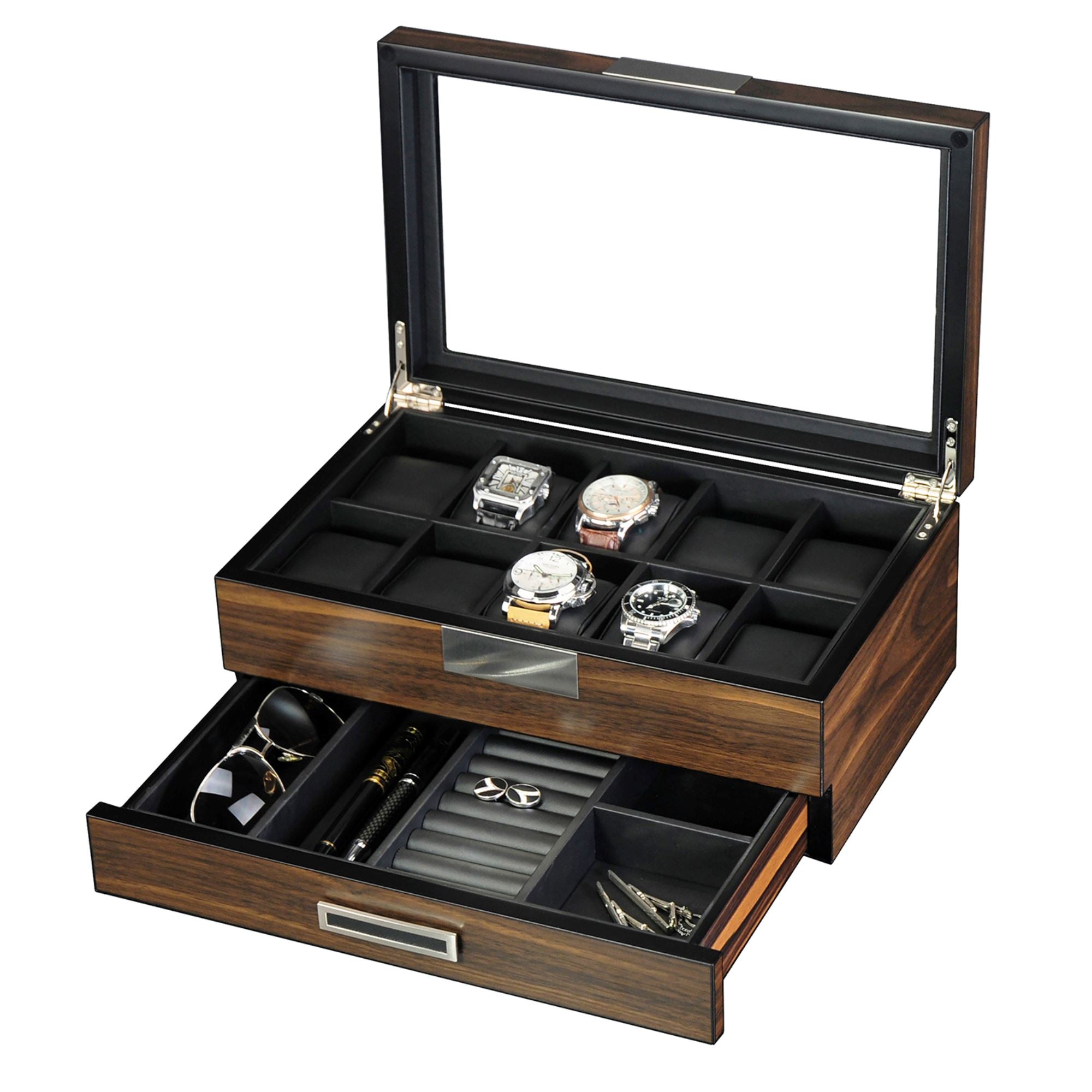 10 Slots Ebony Wooden Watch Box with Drawer Watch Boxes Clinks 