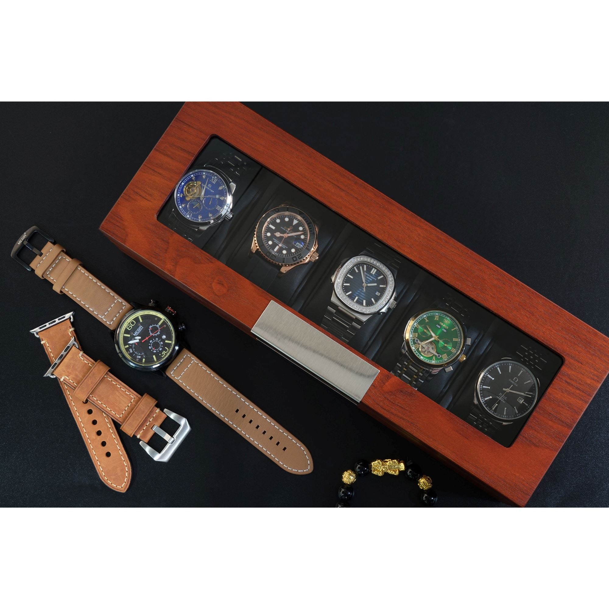 5 Slots Mahogany Wooden Watch Box Watch Boxes Clinks 