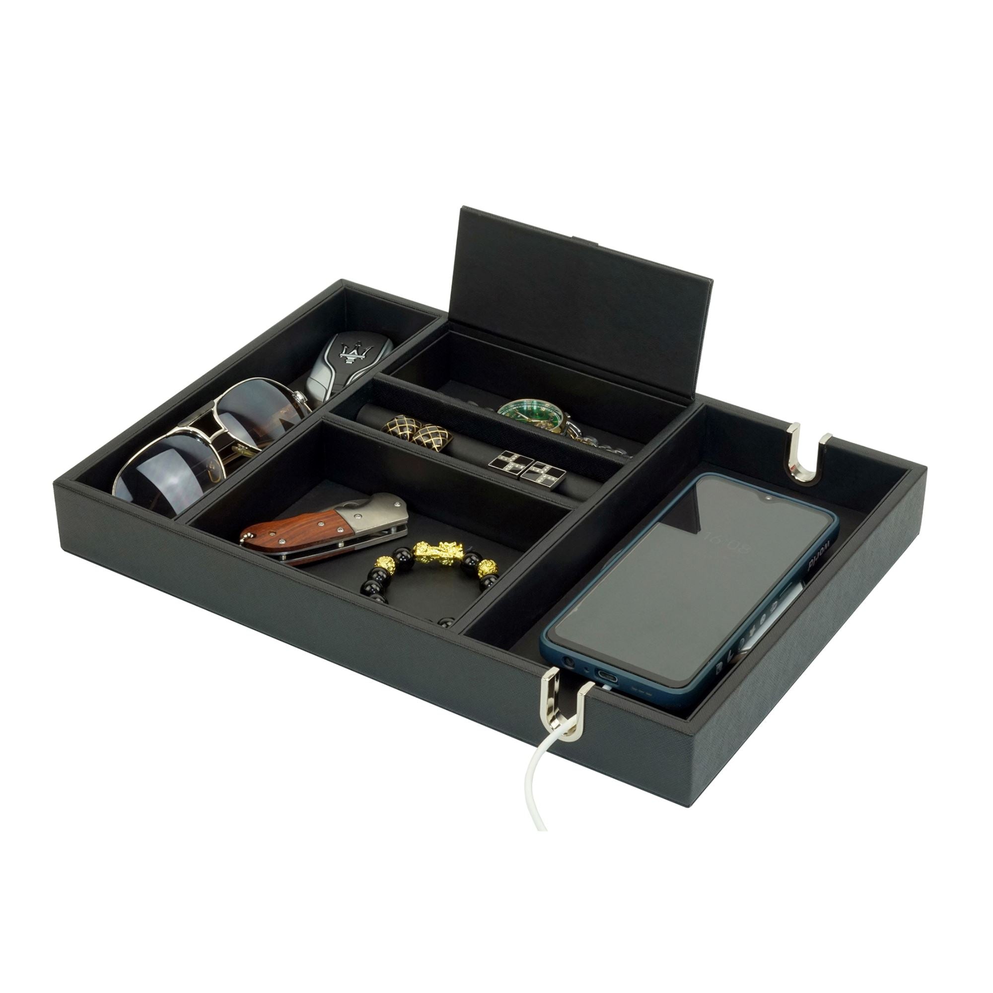 Black Vegan Leather Valet Tray Watch Boxes Clinks Australia 