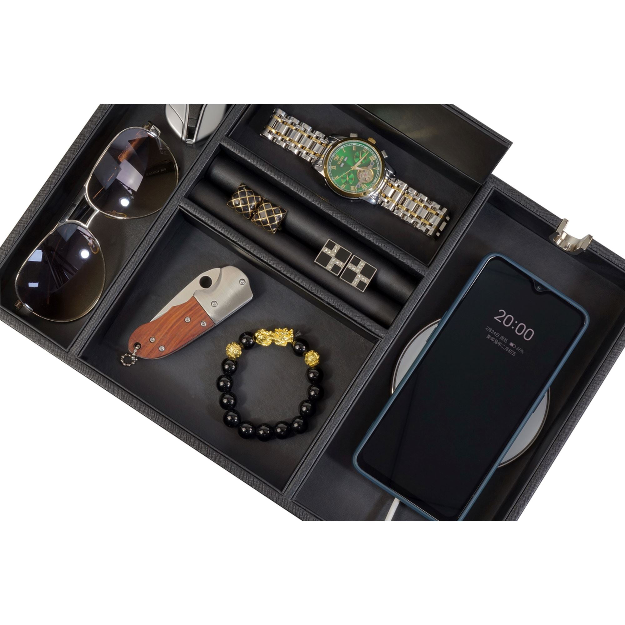 Black Vegan Leather Valet Tray Watch Boxes Clinks Australia 
