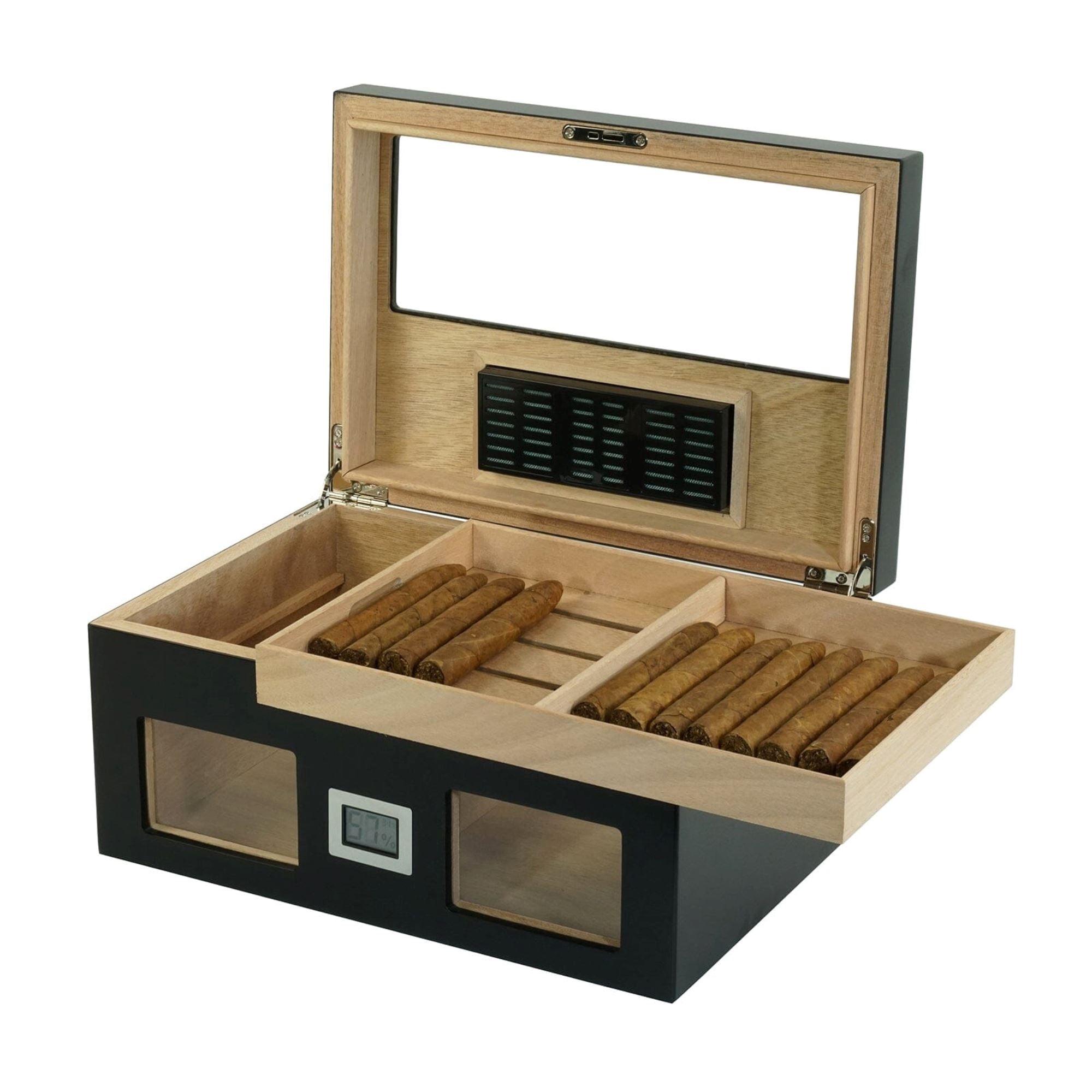100 CT Black Wooden Cigar Humidor Box with Digital Hygrometer Cigar Boxes Clinks 