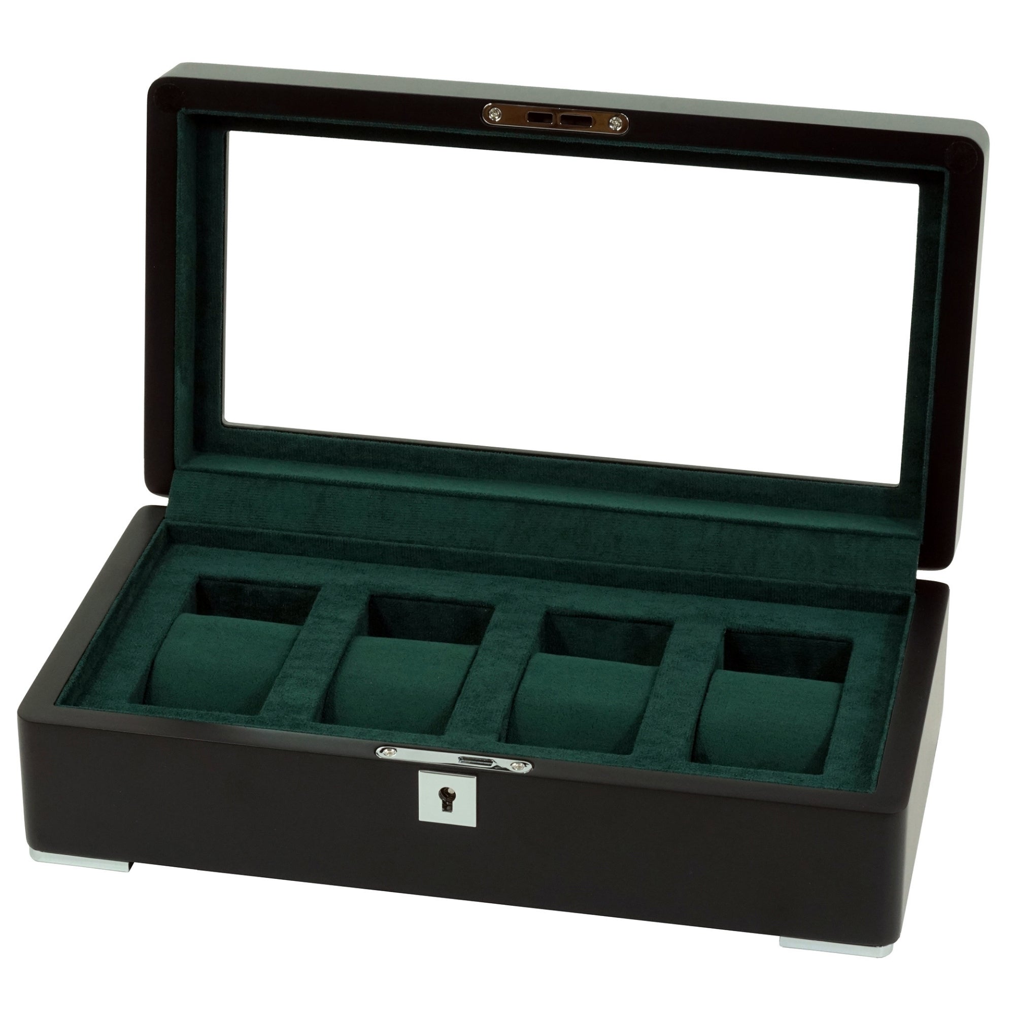 4 Slot Black Wooden Watch Box with Green Interior