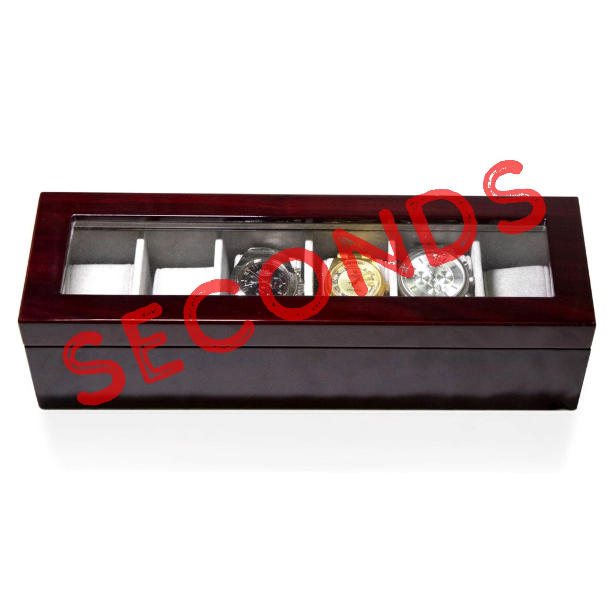 Seconds - Long Watch Box with Glass Top 6 Compartments in Mahogany Seconds Clinks 