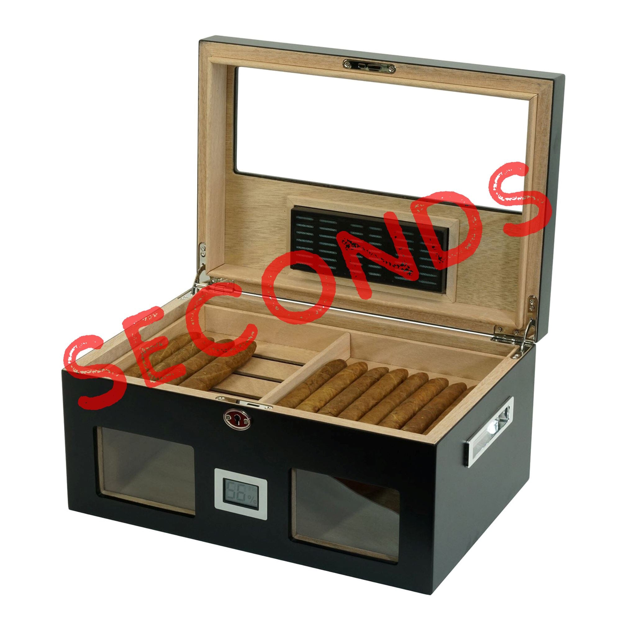 Seconds - 100 CT Black Wooden Cigar Humidor Box with Digital Hygrometer Seconds Clinks 