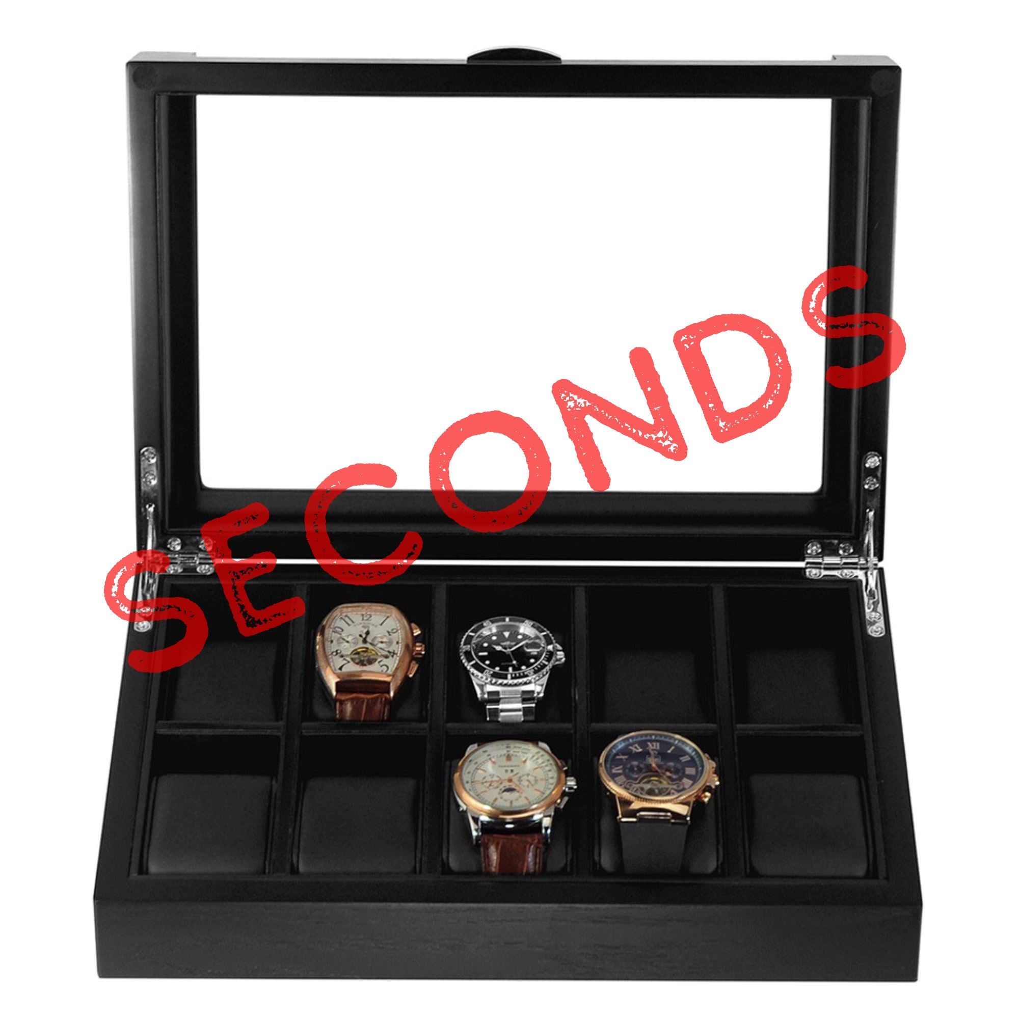Seconds - Black Wooden Watch Box for 10 Watches (b) Seconds Clinks 